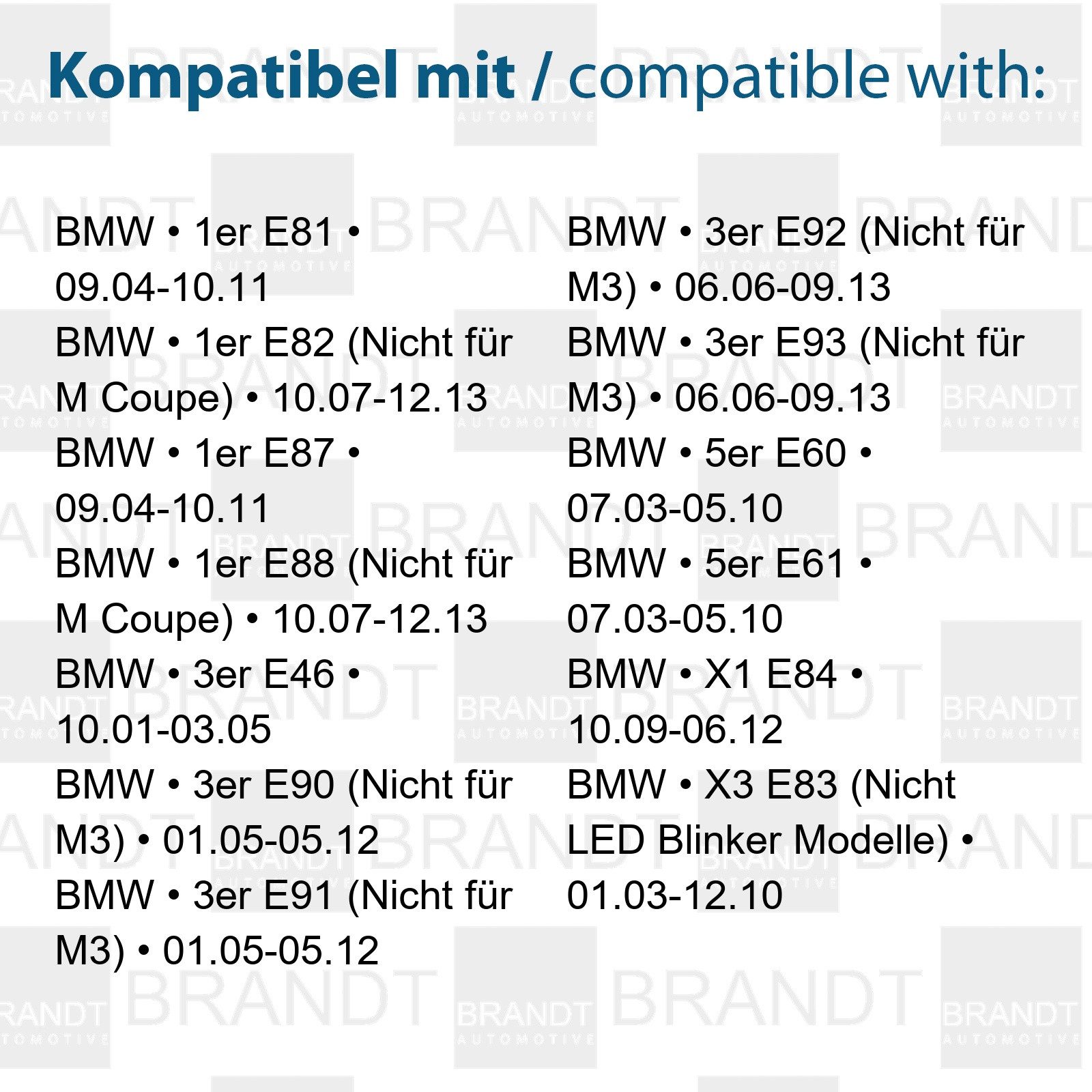 BRANDT AUTOMOTIVE KFZ-Ersatzleuchte Auto Seitenblinker Set LED Blinker + Kabel Schwarz, für BMW 1er E81 (09.04-10.11); 1er E82 (Nicht für M Coupe) (10.07-...