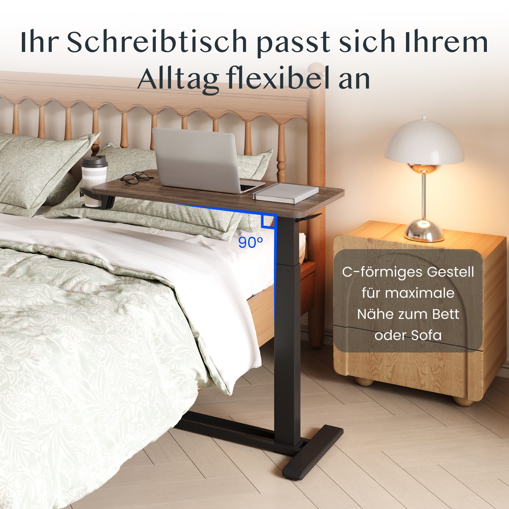 FLEXISPOT Beistelltisch Höhenverstellbar Betttisch, Laptoptisch (C-Form, ideal für Sofa, Bett & Lesestunden), mit stufenloser Höhenverstellung, 360° Rollen & ei – Bild 3 von 5