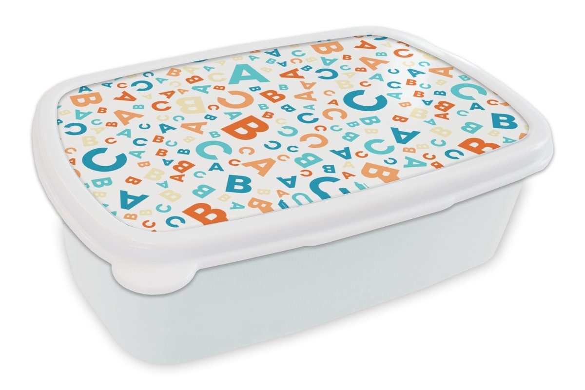 MuchoWow Lunchbox Buchstaben - Abc - Orange - Blau - Muster, Kunststoff, (2-tlg), Brotbox für Kinder und Erwachsene, Brotdose, für Jungs und Mädchen weiß