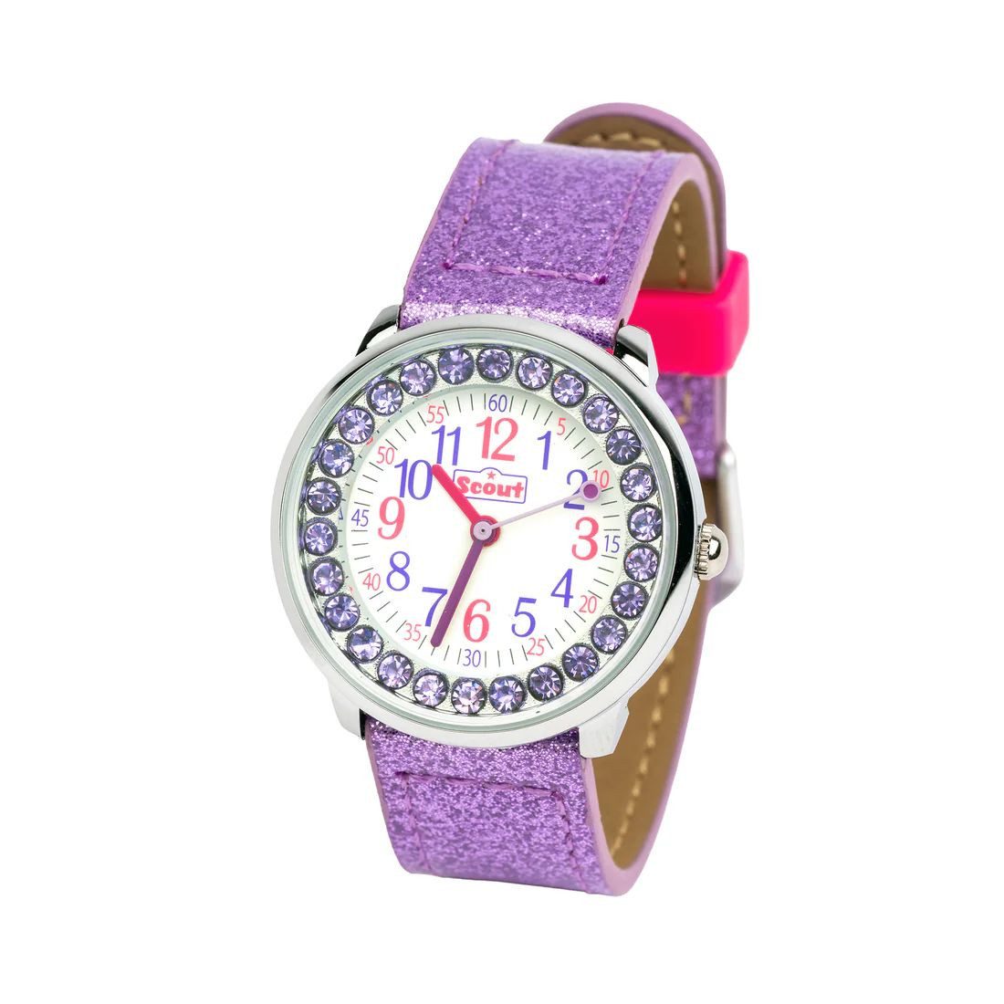 Scout Quarzuhr Kinderuhr Mädchen 164000047 Lila Glitzersteine Kunstlederband 30 mm