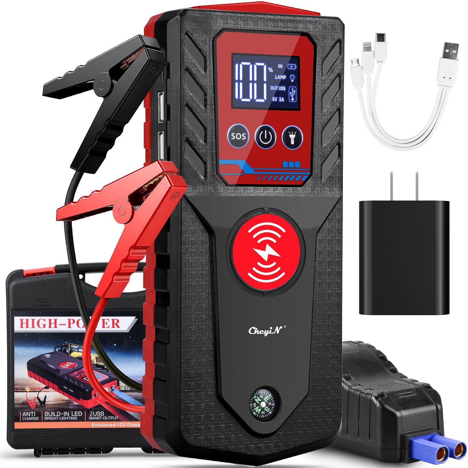 CkeyiN Starthilfe Powerbank Auto Starthilfegerät 3000 A Starthilfegerät 12000 mAh (12 V), bis zu 8 L Benzin/7 L Diesel 5 Modi 4-IN-1-Funktion mit LED-Licht