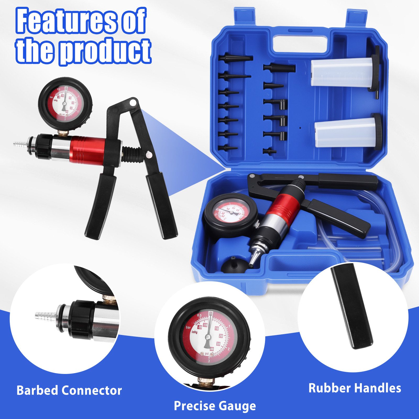 BlingBin Reifenfüllmessgerät Kfz Vakuumpumpe Handpumpe Druckpumpe Bremsenentlüfter Vakuumtester Kit, 1er Set, 22-tlg., 21tlg Vakuumtester Kit, Auto Unterdruckpumpe Bremsen Entlüften Unterdruck Prüfgerät