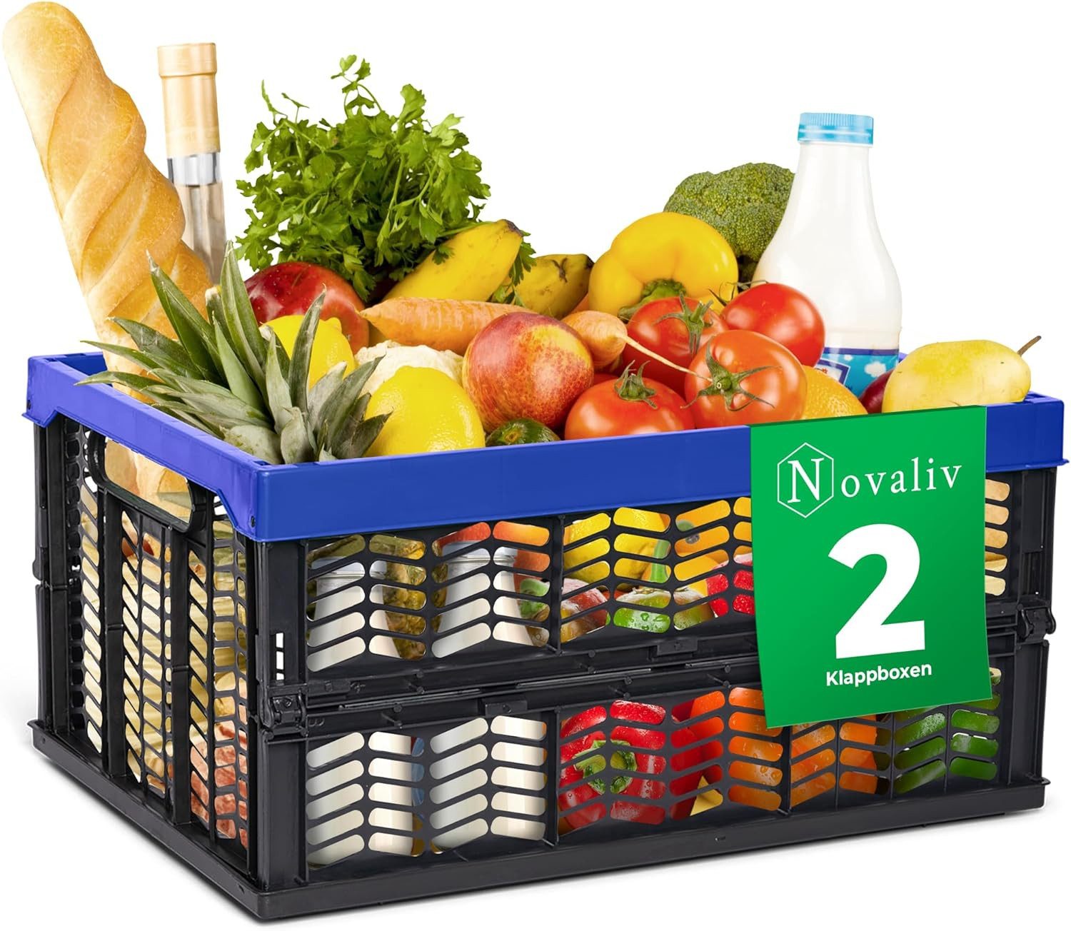 Novaliv Klappbox 19662-2xStuck, Klappboxen faltbar stabil 2x 30L Blau Schwarz baskets Einkaufskiste Kl