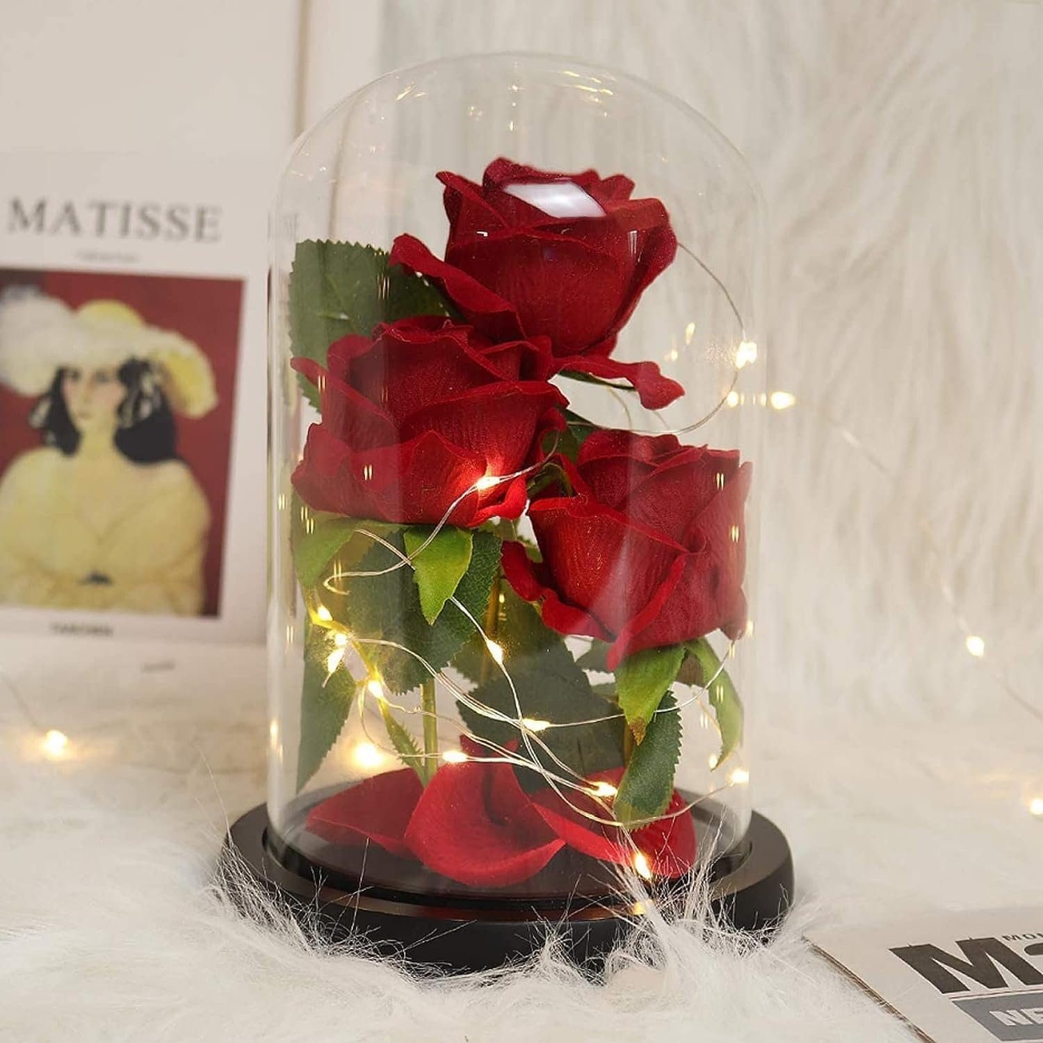 für Glaskuppel, Rose Geburtstag, im cm, Jubiläum, Valentinstag, Rot Höhe in Glas, Weihnachtstag Hauptdekor Kunstblume Ewige Seide 3 Rose 20.3 Bedee,