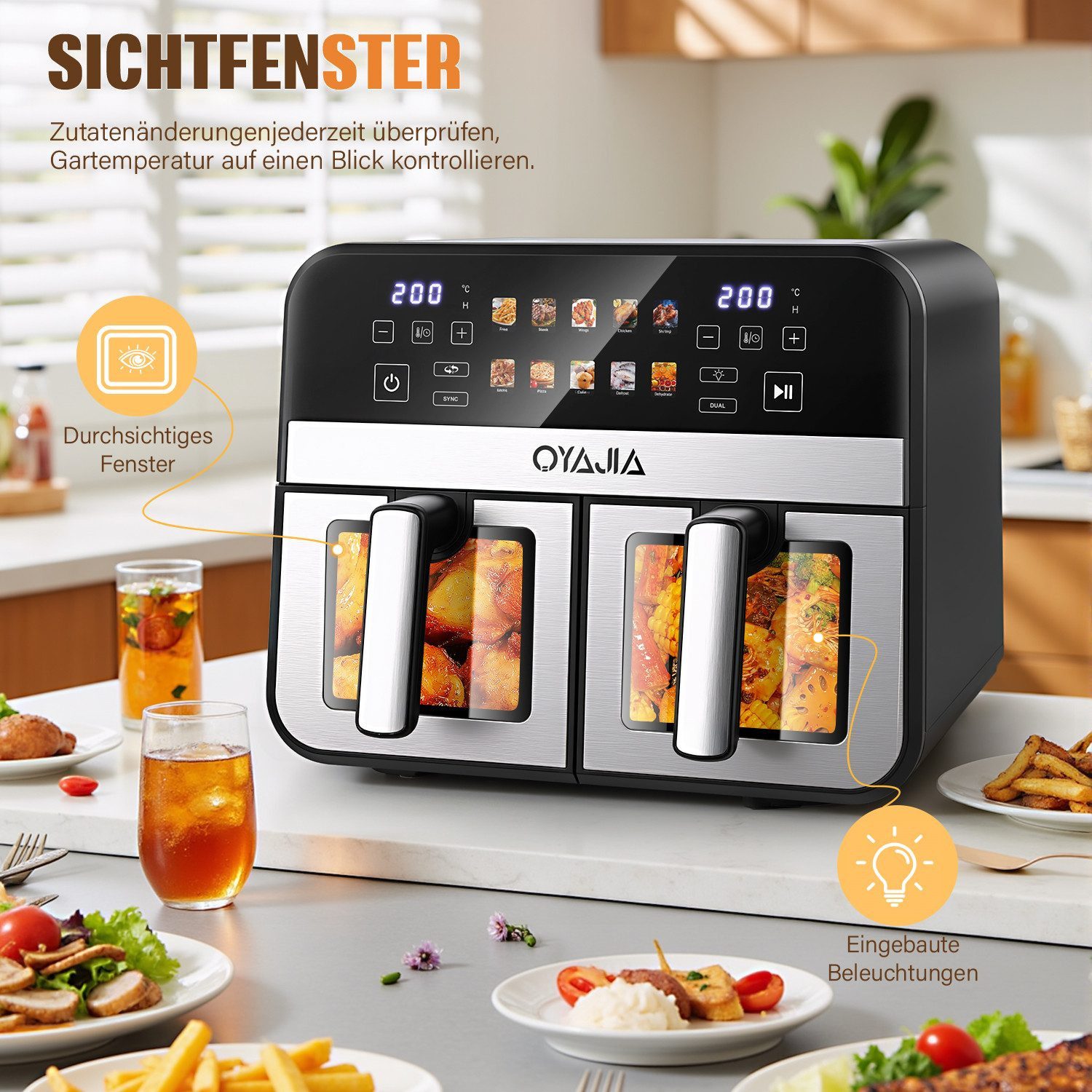 oyajia Heißluftfritteuse 9L Heißluftfritteuse RA930DSV XXL, 2 separat gesteuerte Garkammern, 2800,00 W, Touch Display, Sichtfenster, 8 Automatikprogramme/je 4,5 – Bild 4 von 5