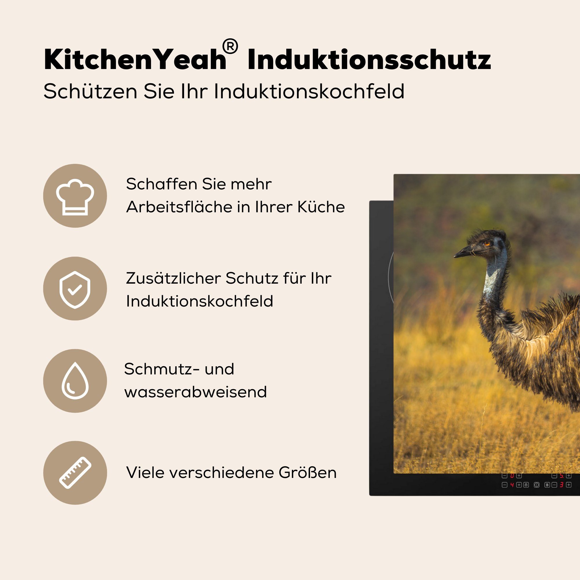 einer für Schutz großer Vinyl, küche, Herdblende-/Abdeckplatte in Landschaft, 81x52 Ein tlg), Induktionskochfeld die (1 MuchoWow Emu Ceranfeldabdeckung cm, trockenen