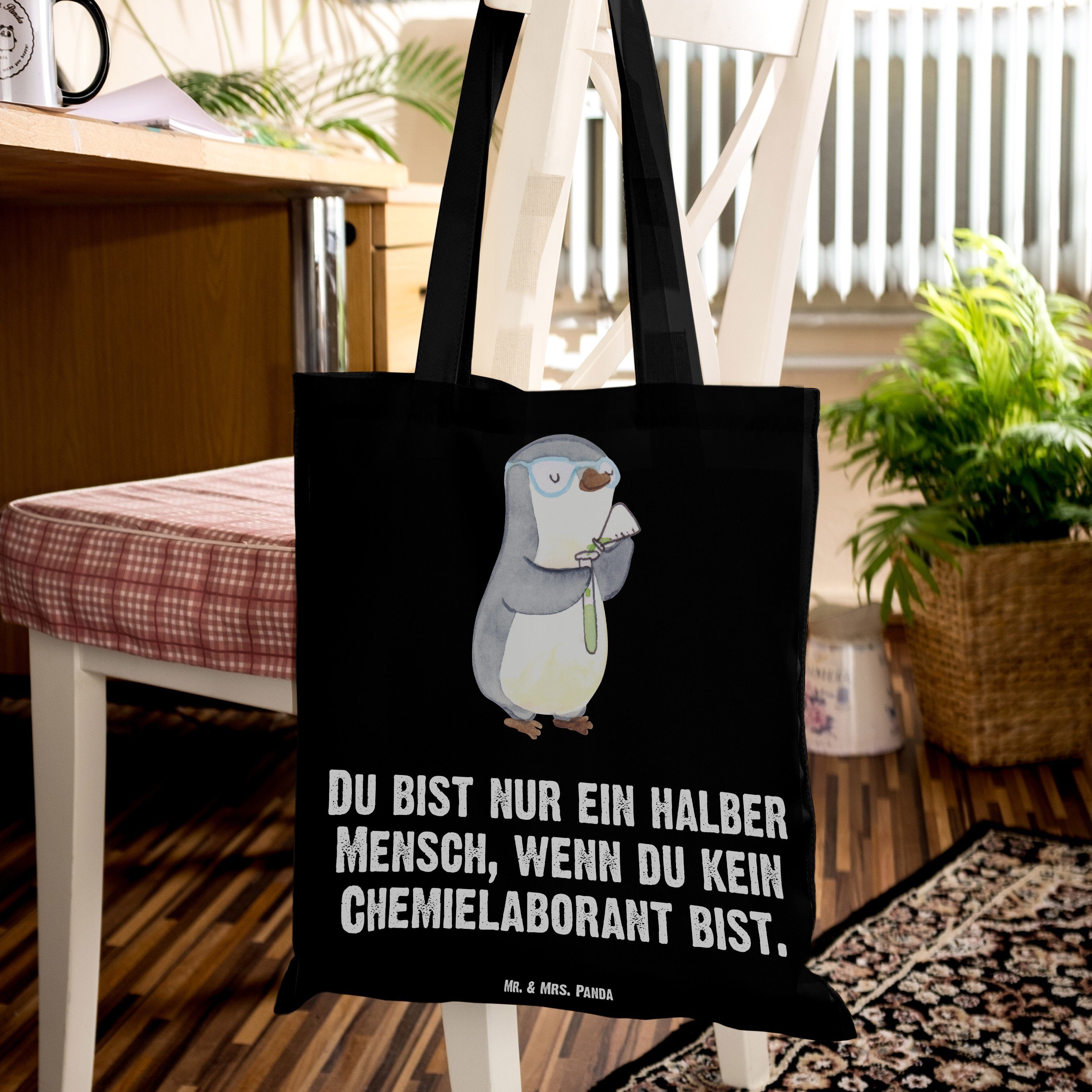 Beuteltasche, - Geschenk, Schwarz mit Herz Mr. Chemielaborant Panda & Stoffbeut Mrs. - (1-tlg) Tragetasche