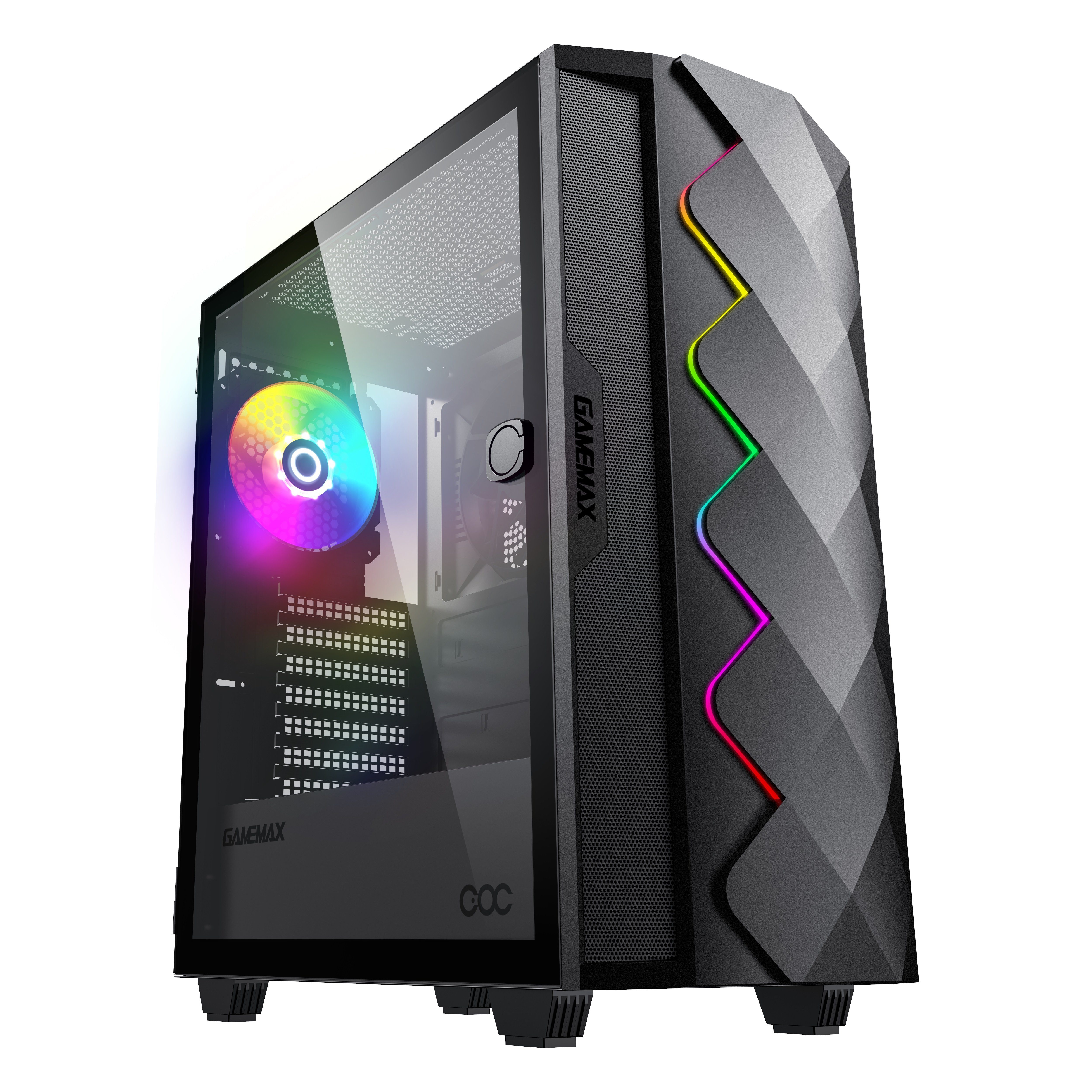 GAMEMAX Gaming-Gehäuse Diamond COC BK Midi-Tower USB3.0*1+1xUSB2.0, (gehärtetes Glas), HD-Audio, ATX inkl. 14cm Turbo COC Lüfter, schwarz