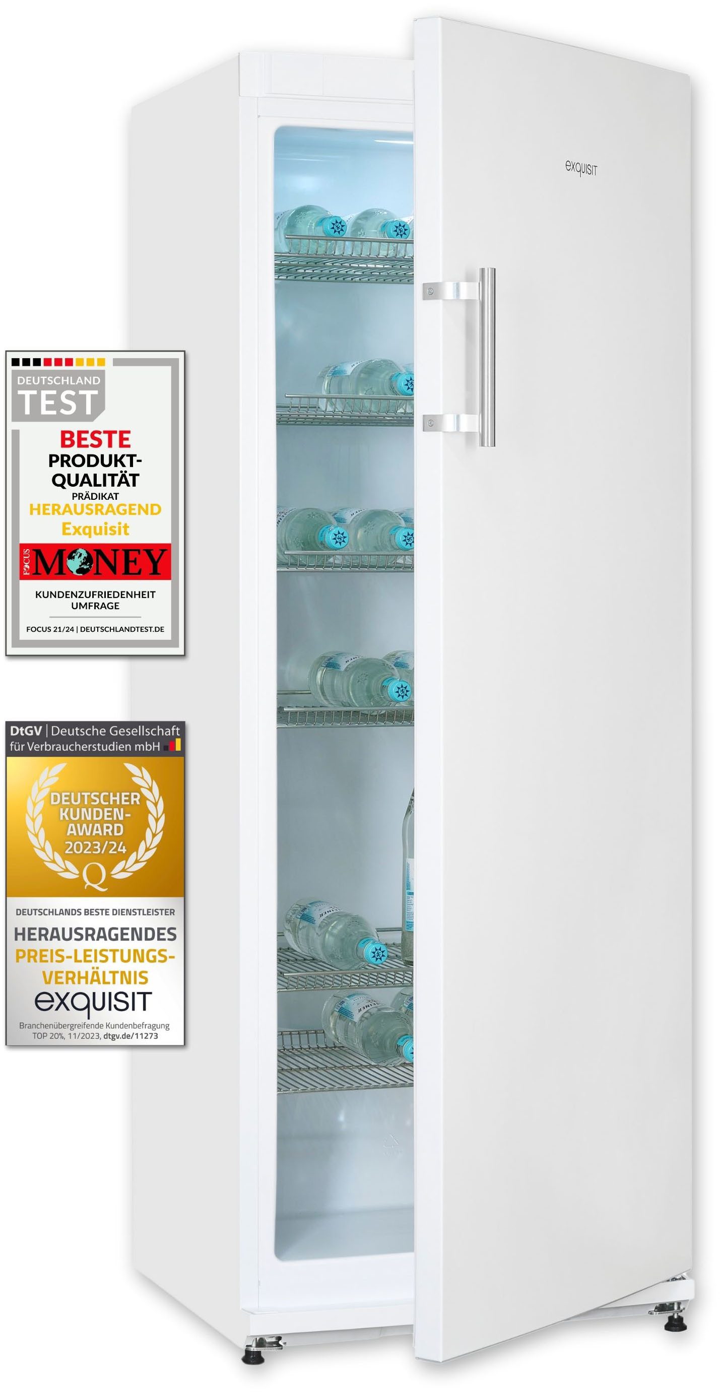 exquisit Getränkekühlschrank GKS31-V-H-280E weiss, 163 cm hoch, 60 cm breit, 6 robuste Gitterablagen zur Lagerung von Flaschen oder Getränkekisten