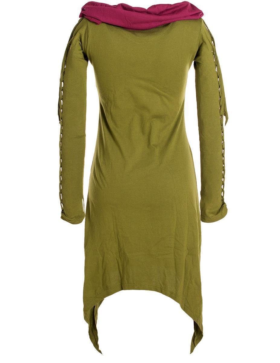 Goa, Zipfelkleid Elfen Ethne, Boho, Style Vishes Schalkragen Kleid langarm Biobaumwolle Zweifarbiges aus olive mit