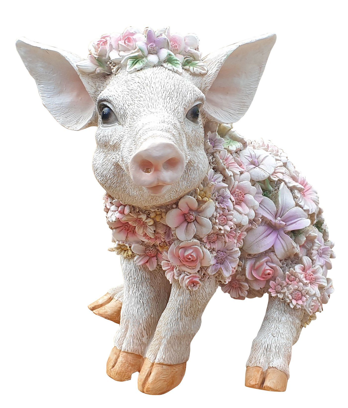 Fachhandel Plus Gartenfigur Schweinchen sitzend mit Blumen, (1 St), lustige Gartendeko, wetterbeständig, Dekofigur