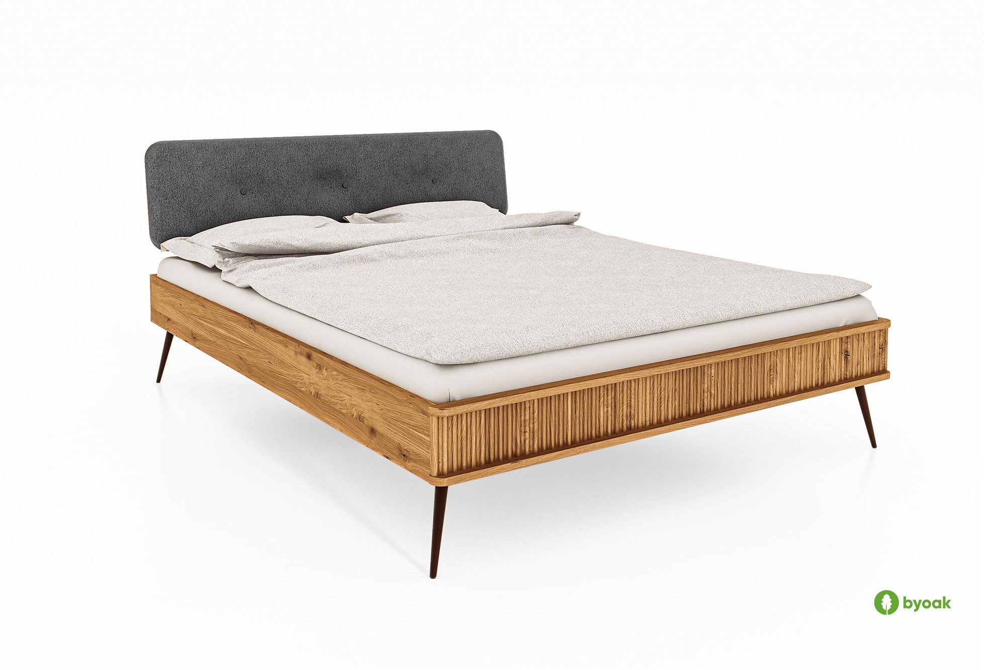 byoak Bett KULA aus Massivholz, mit Polsterkopfteil, Naturgeölt (Bettgestell, ohne Lattenrost, ohne Matratze), Massivholz