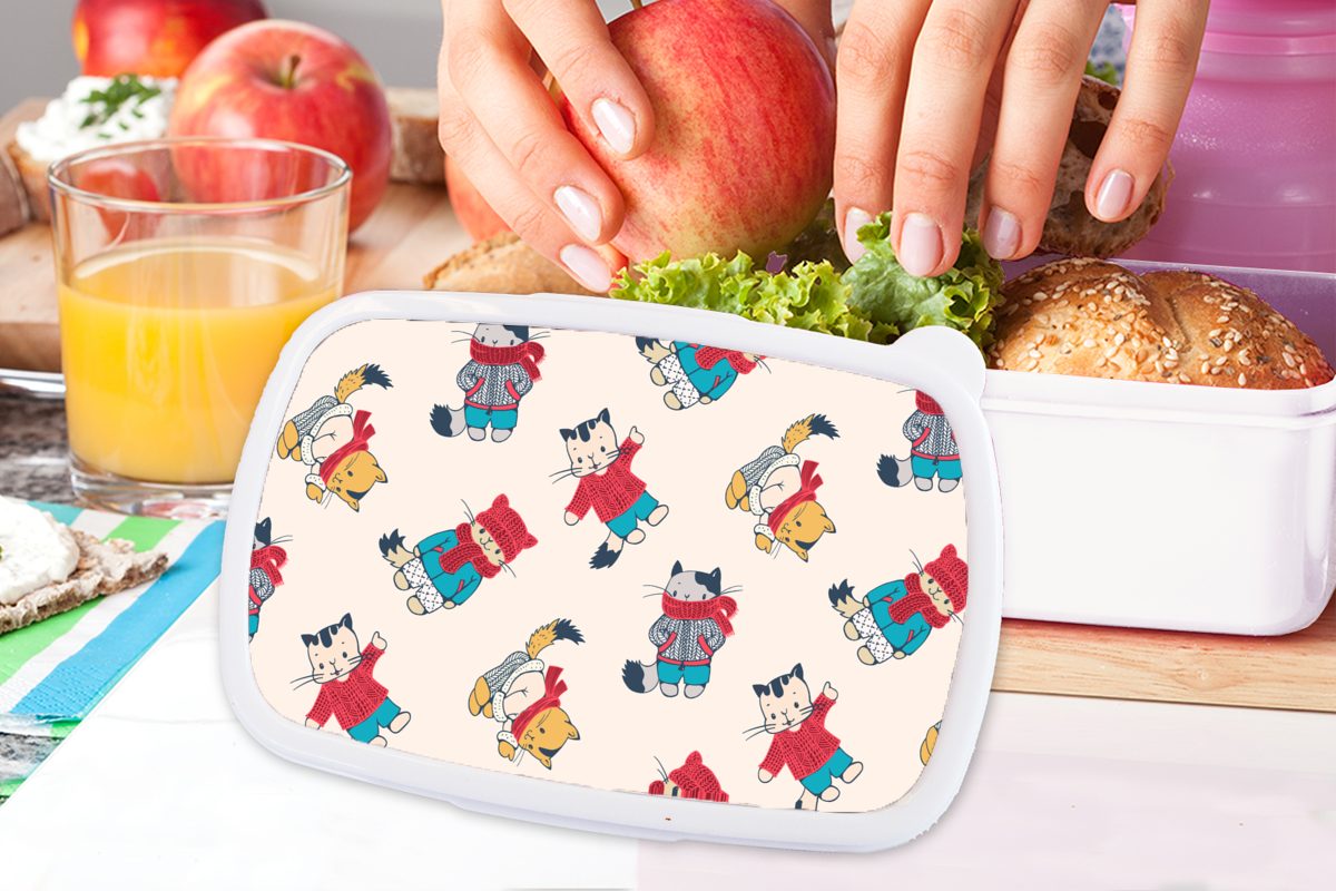 Tiere weiß - Brotbox Kinder Mädchen für Winter Lunchbox Muster, Kunststoff, Jungs - und und MuchoWow für Erwachsene, Brotdose, Katze (2-tlg), -