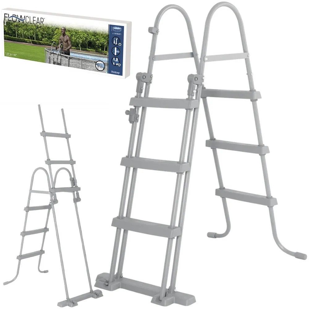 BESTWAY Poolleiter Einstiegsleiter Aufstiegshilfe (Spar-Set, 1-St., 139x66x127cm rutschfest), Rutschfeste Stufen, korrosionsbeständig, hochklappbar