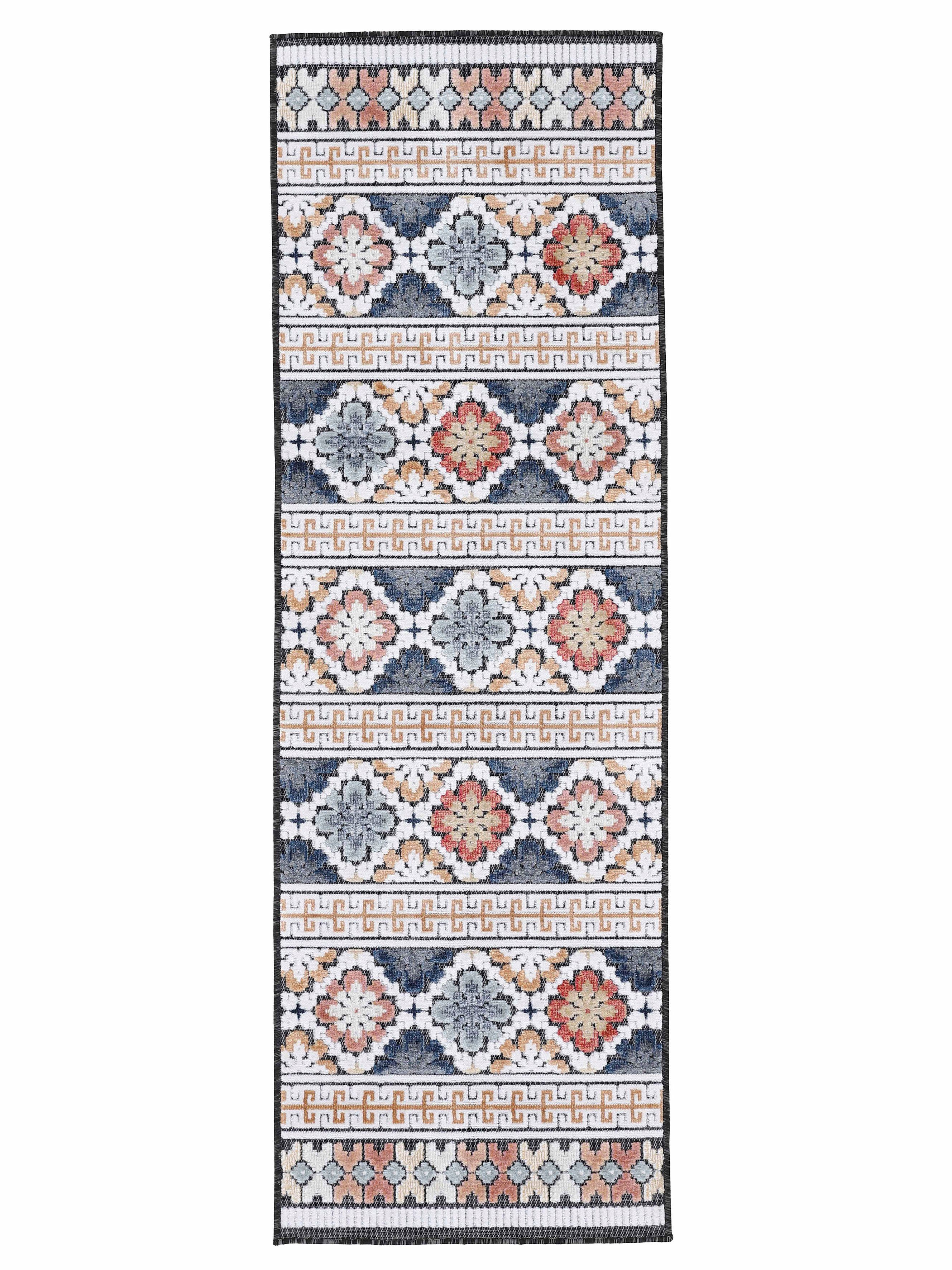 Läufer Deja Motiv- Floral Effekt carpetfine, rechteckig, Flachgewebe, blau Höhe: 4 robustes 103, Palmenblätter, mm, Hoch-Tief