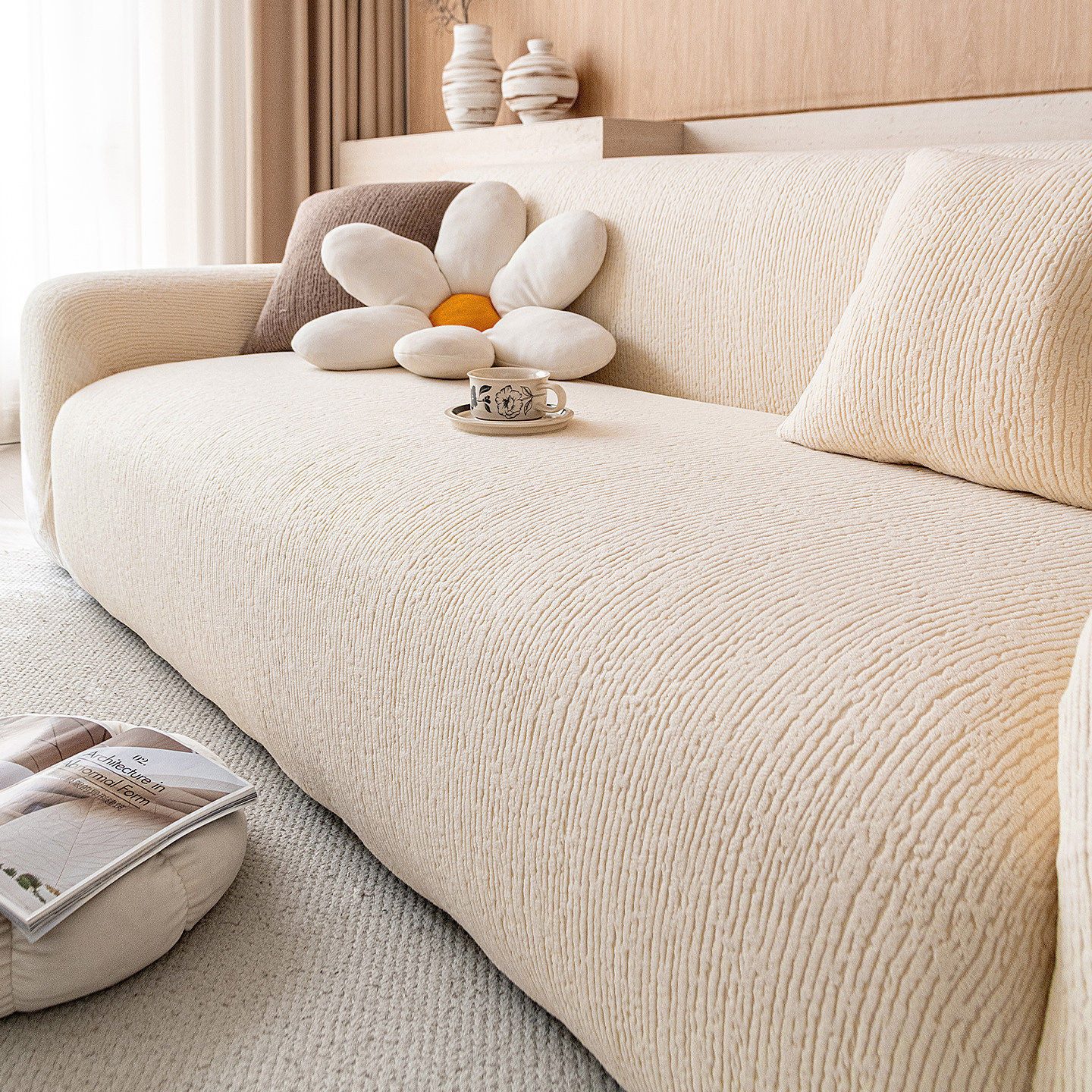 JASLIFE Sofahusse Stretch-Wellenstruktur, weich, elastisch und mit Befestigungsband