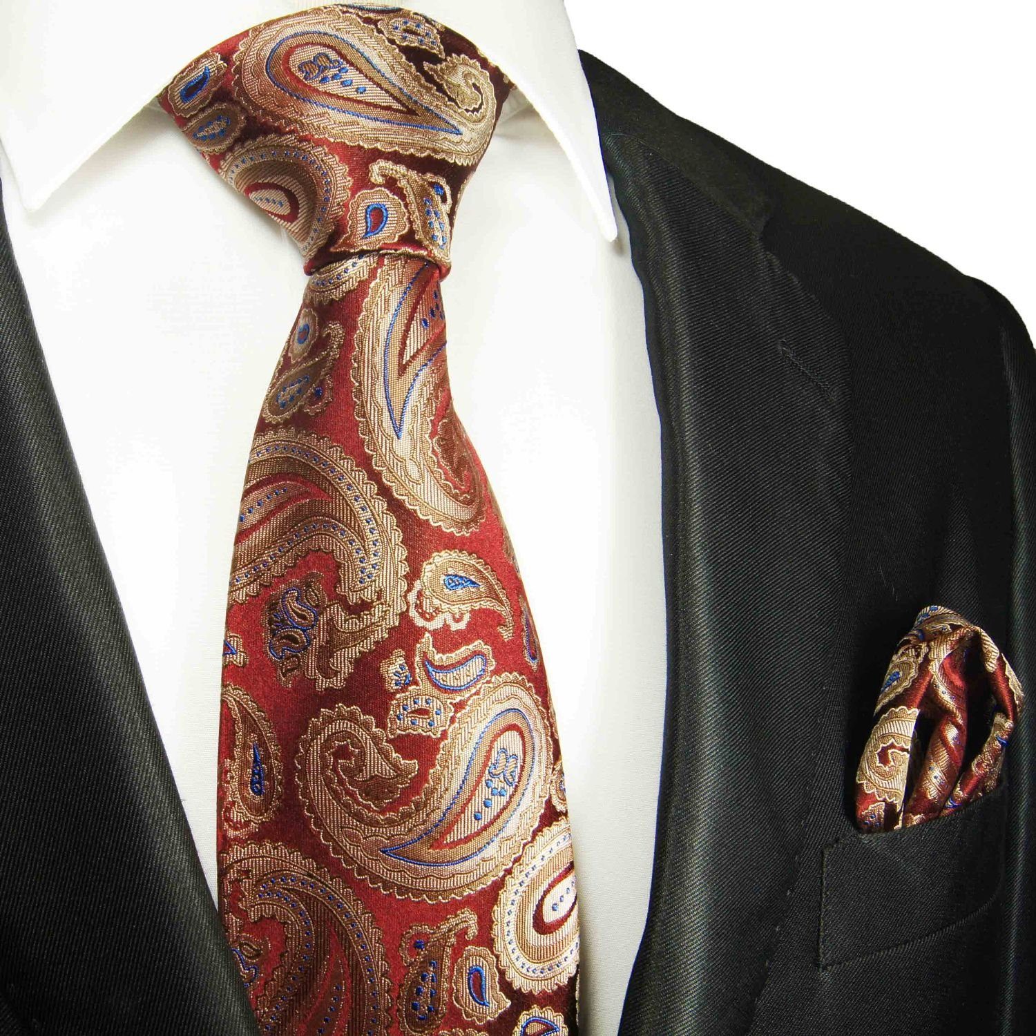 Paul Malone Krawatte beige paisley Herren Tuch rot 100% modern brokat mit Krawatte blau Breit Einstecktuch) (8cm), Seidenkrawatte 2-St., 2066 mit (Set, Seide
