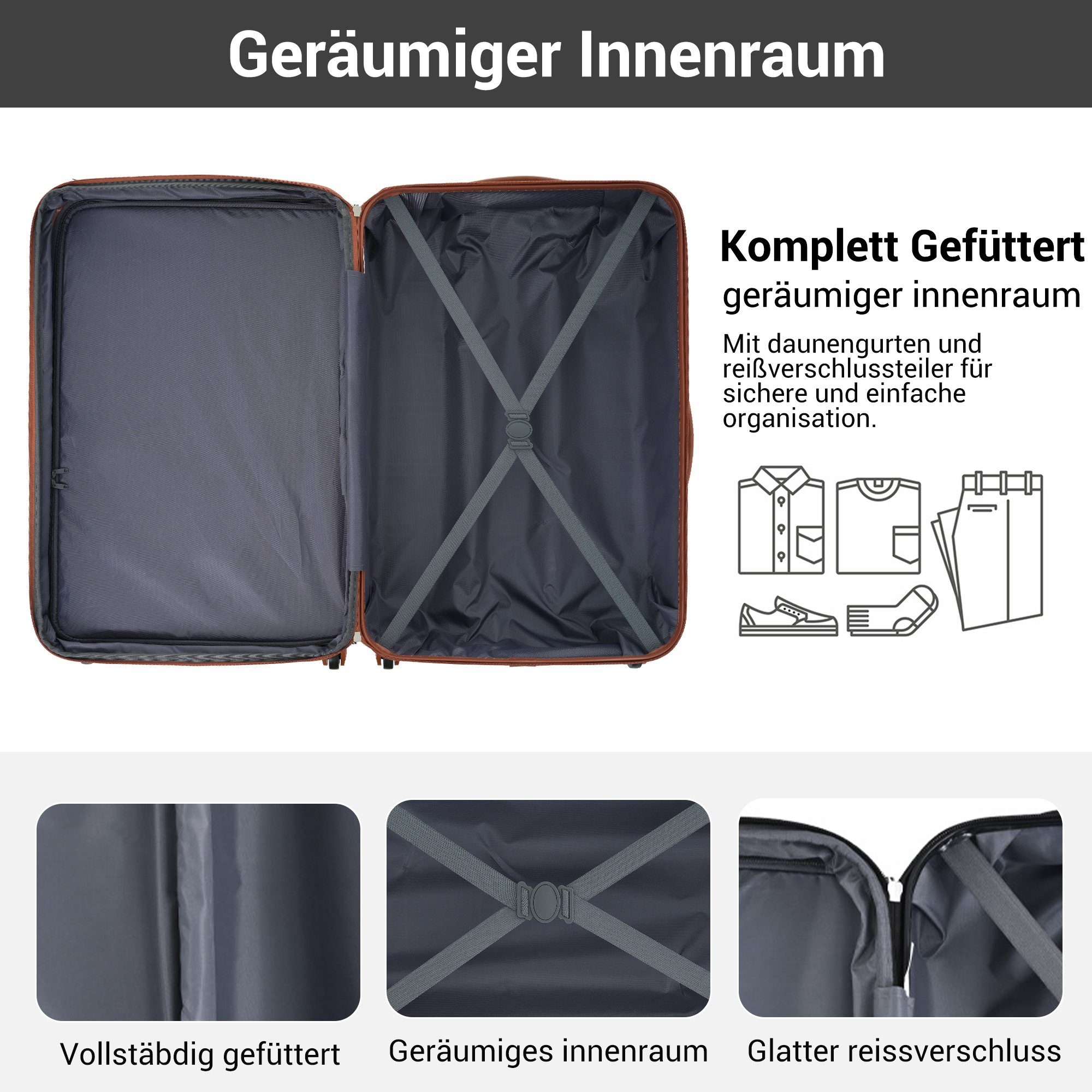 (3 M/L/XL Zahlenschloss, Rollen, mit tlg), Schwarz+Braun und 4 Sweiko 360°-Lenkrollen Koffer Trolleyset,