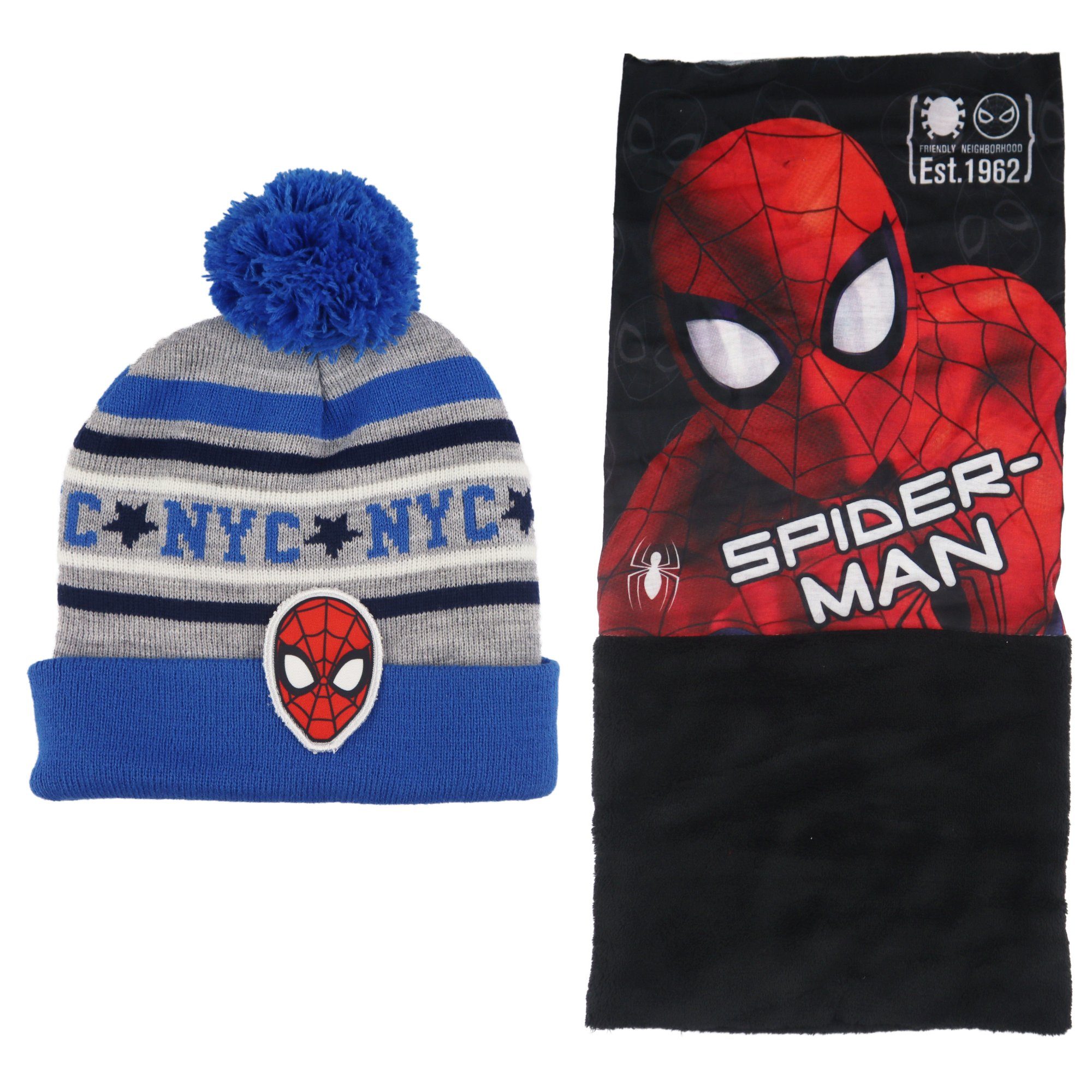 MARVEL Bommelmütze Spiderman Kinder Winter Set Mütze plus Snood Gr. 52 oder 56, Rot oder Schwarz