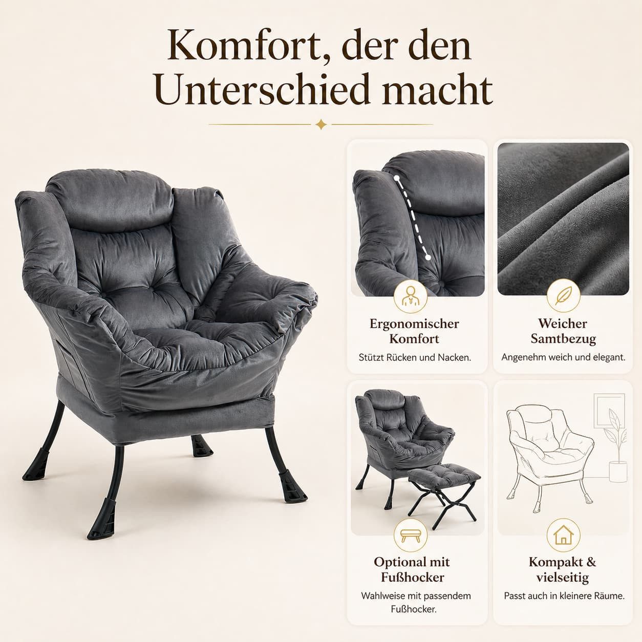 ANYSUN Loungesessel Relaxsessel aus Samt mit Nackenstütze, ergonomisch weich gepolstert (Sessel mit optionalem Fußhocker, Relaxsessel), Kompakter Relaxsessel 75 x 80 x 85 cm, wahlweise mit Fußhocker