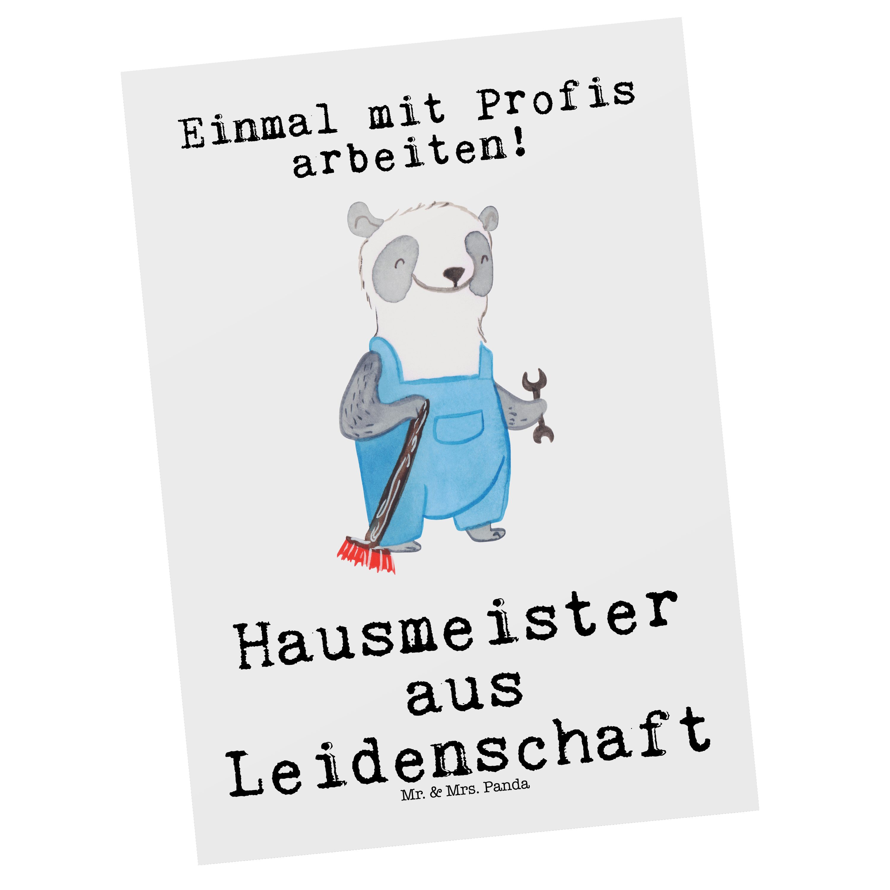 Mr. & Mrs. Panda Postkarte Hausmeister aus Leidenschaft - Weiß - Geschenk, Geschenkkarte, Dankes