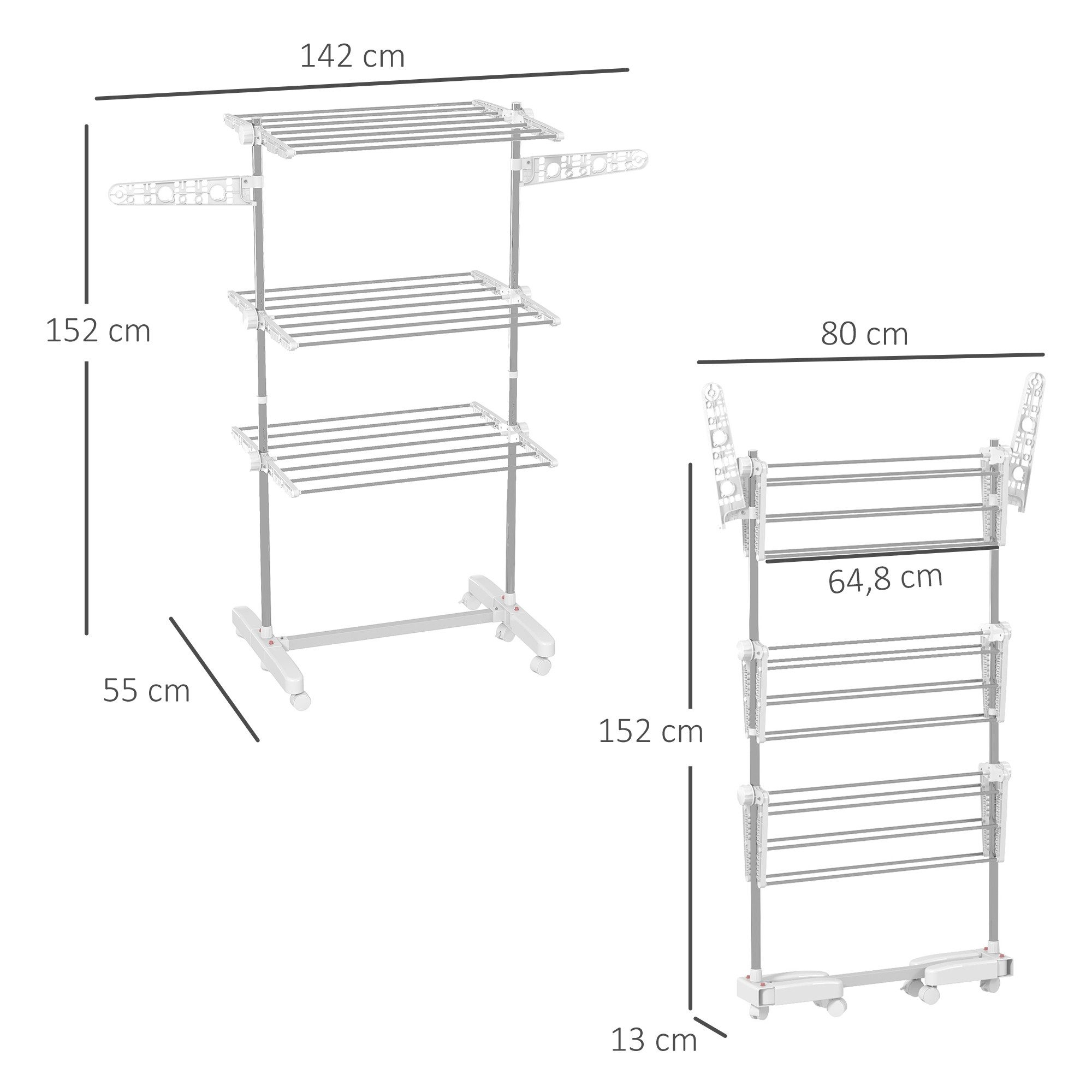 HOMCOM Wäscheständer Standtrockner mit Klappbarem Flügel, für Indoor, Outdoor, Stahl Weiß 80,142 x 55 x 152 cm