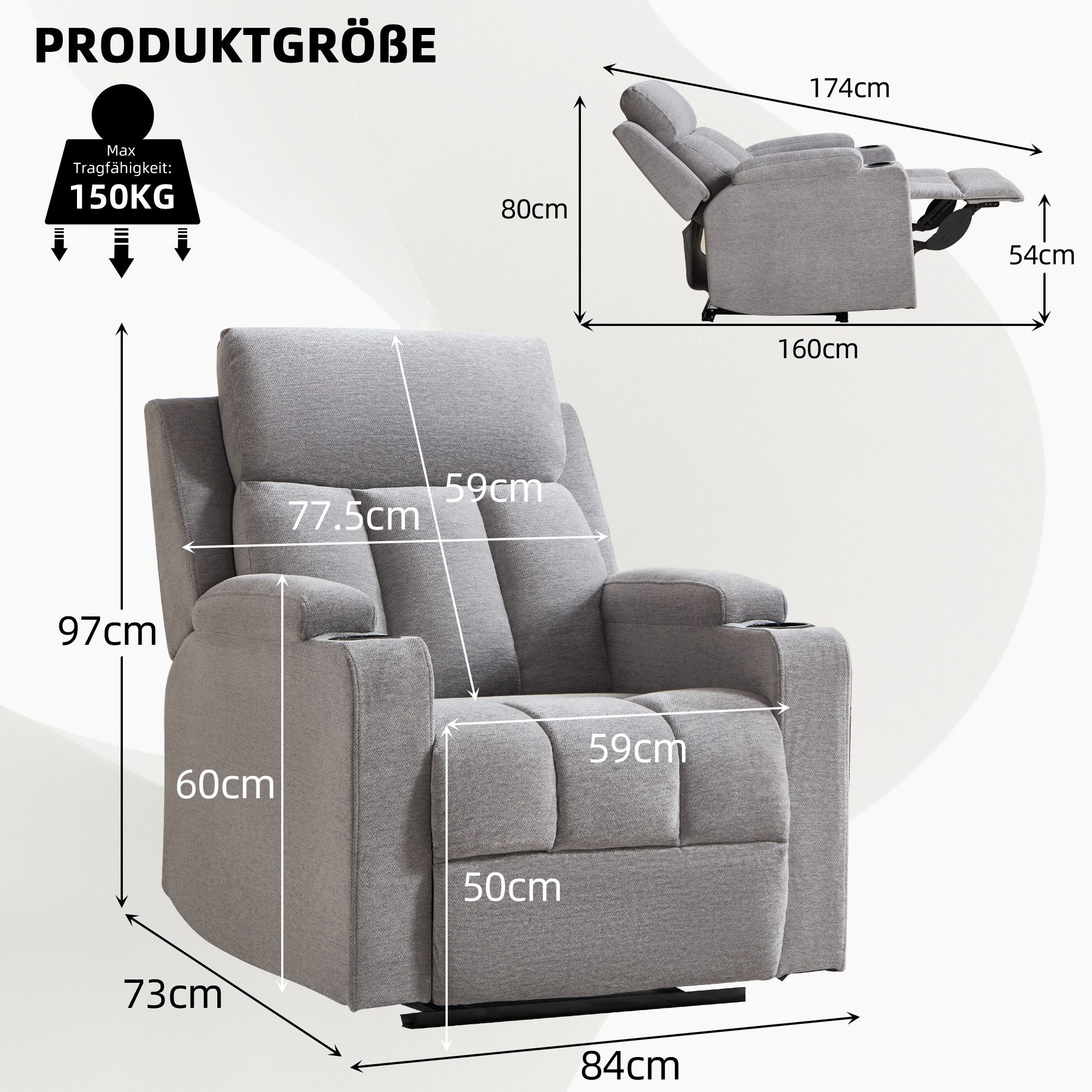 Bonzy Home TV-Sessel Relaxsessel mit Liegefunktion, Fernsehsessel, Wohnzimmer 90 °-160 ° (1-St), Manueller Verstellbarer Relaxsessel mit Fußstütze und Becherhal – Bild 2 von 5