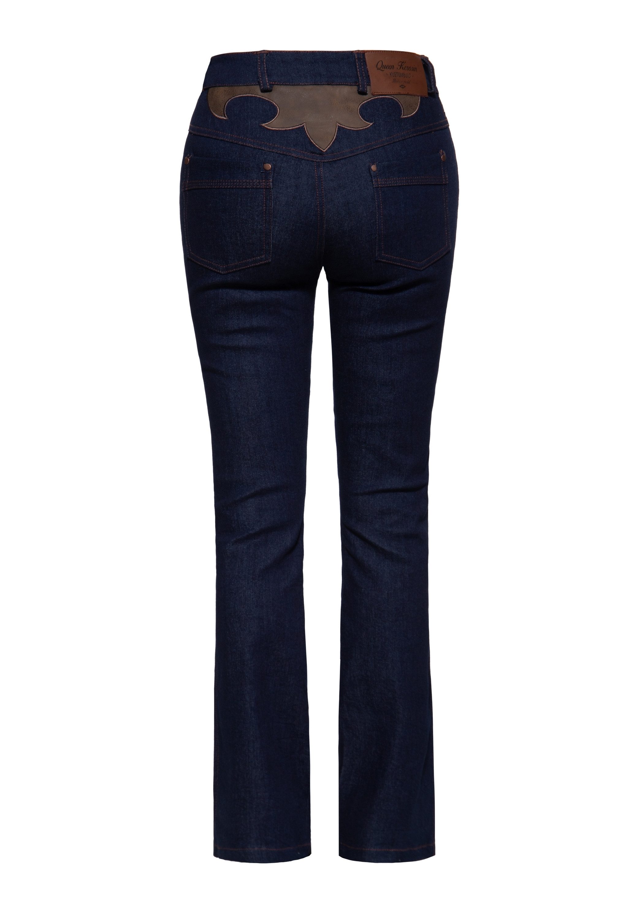 QueenKerosin Bootcut-Jeans Saddie mit Zierpasse in Leder-Optik