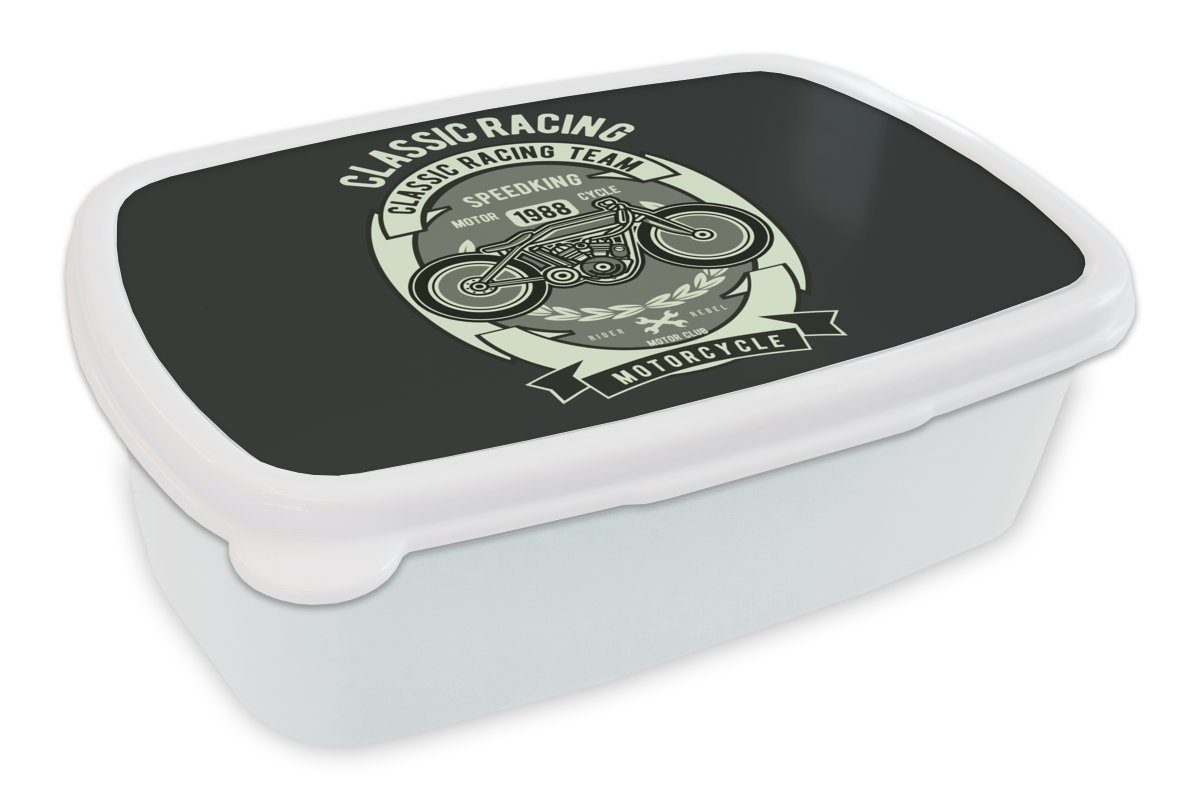 MuchoWow Lunchbox Motorrad - Zeichnung - Retro, Kunststoff, (2-tlg), Brotbox für Kinder und Erwachsene, Brotdose, für Jungs und Mädchen weiß | Lunchboxen