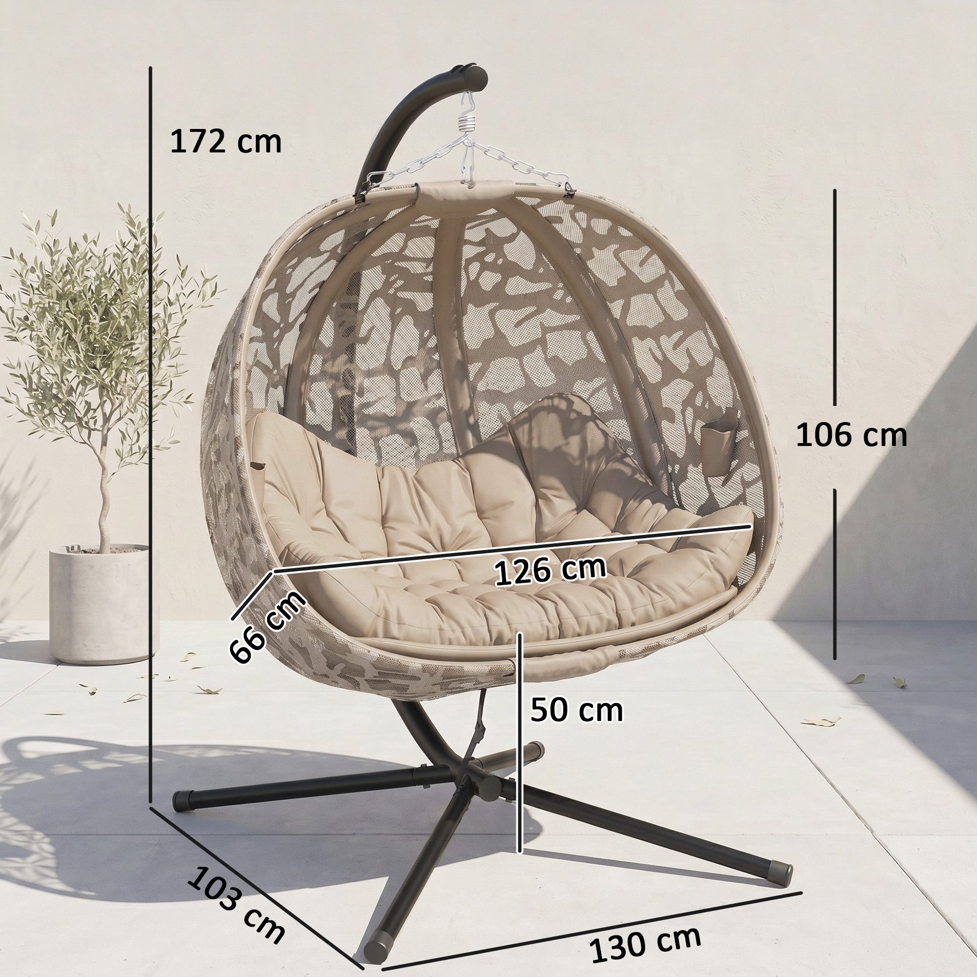 Outsunny Hängesessel Mit Kissen, mit Klappbarem Sitzkorb, Seitentaschen (Hängeschaukel, 1-St., Hängestuhl), Für Indoor, Outdoor, Polyester, Stahl, Sand