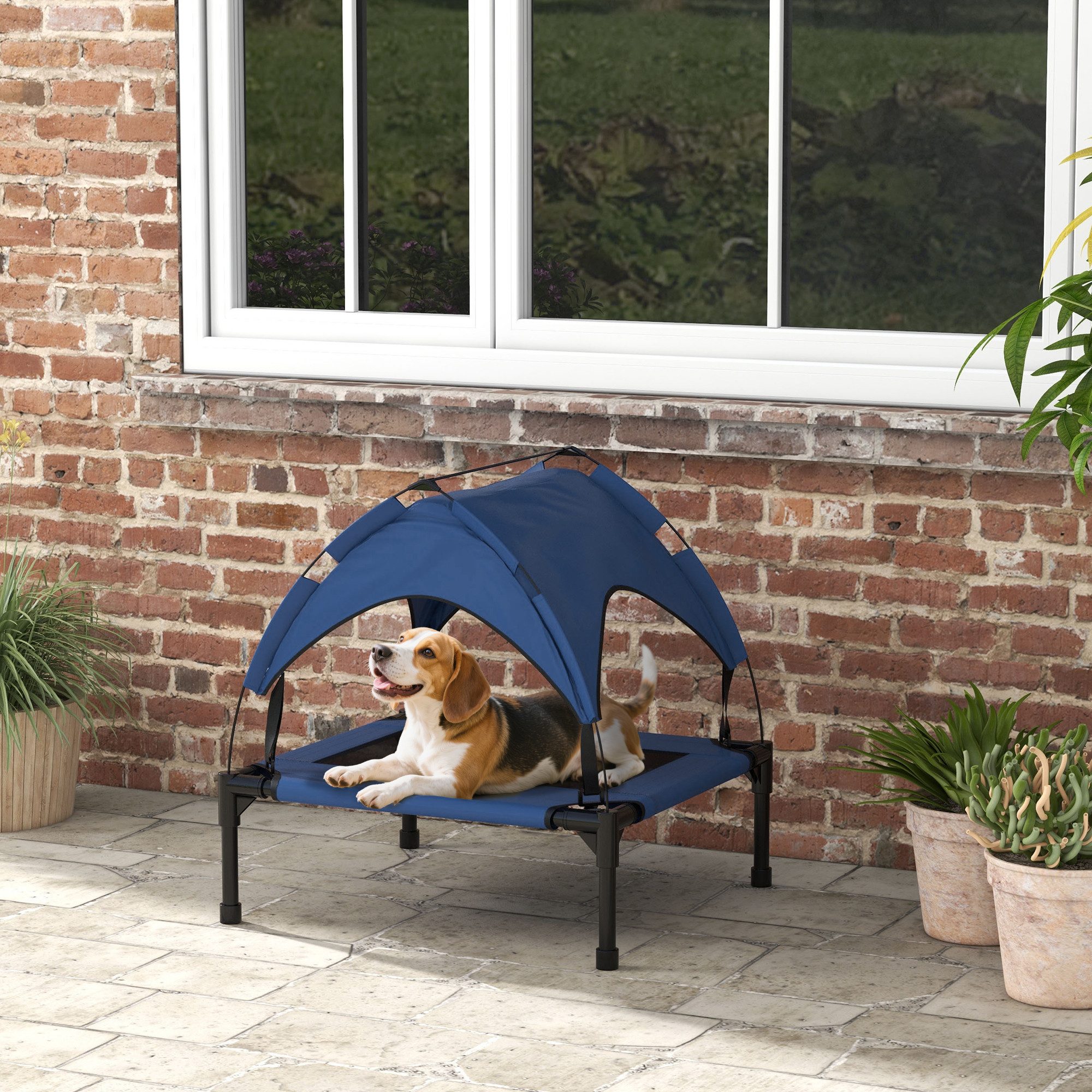 PawHut Tierbett mit Baldachin, Outdoor Hundeliege mit Dach, Atmungsaktiv, Oxford, für kleine und mittelgroße Hunde Dunkelblau Oxford 76 x 61 x 69,5 cm