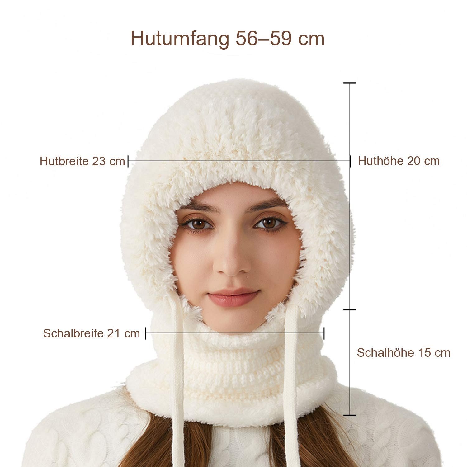 Refttenw Sturmhaube Fahrrad Wintermütze Damen Strickmütze mit Schal & Windmaske (1-St) warmes Fellfutter & verstellbarer Tunnelzug