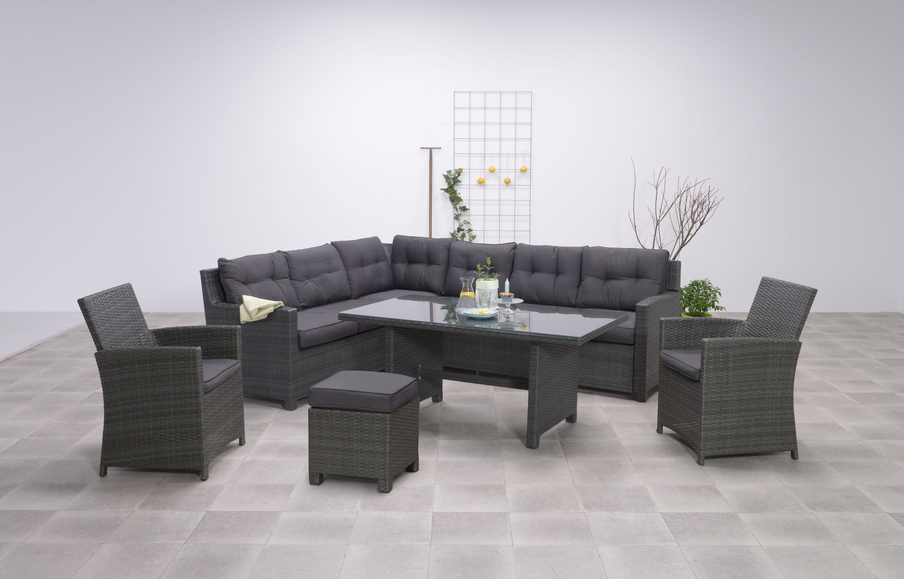 Garden Impressions Gartenlounge-Set Hohe Dining Polyrattan Lounge "Aboyne", inkl. Zwei Sesseln und einem Hocker