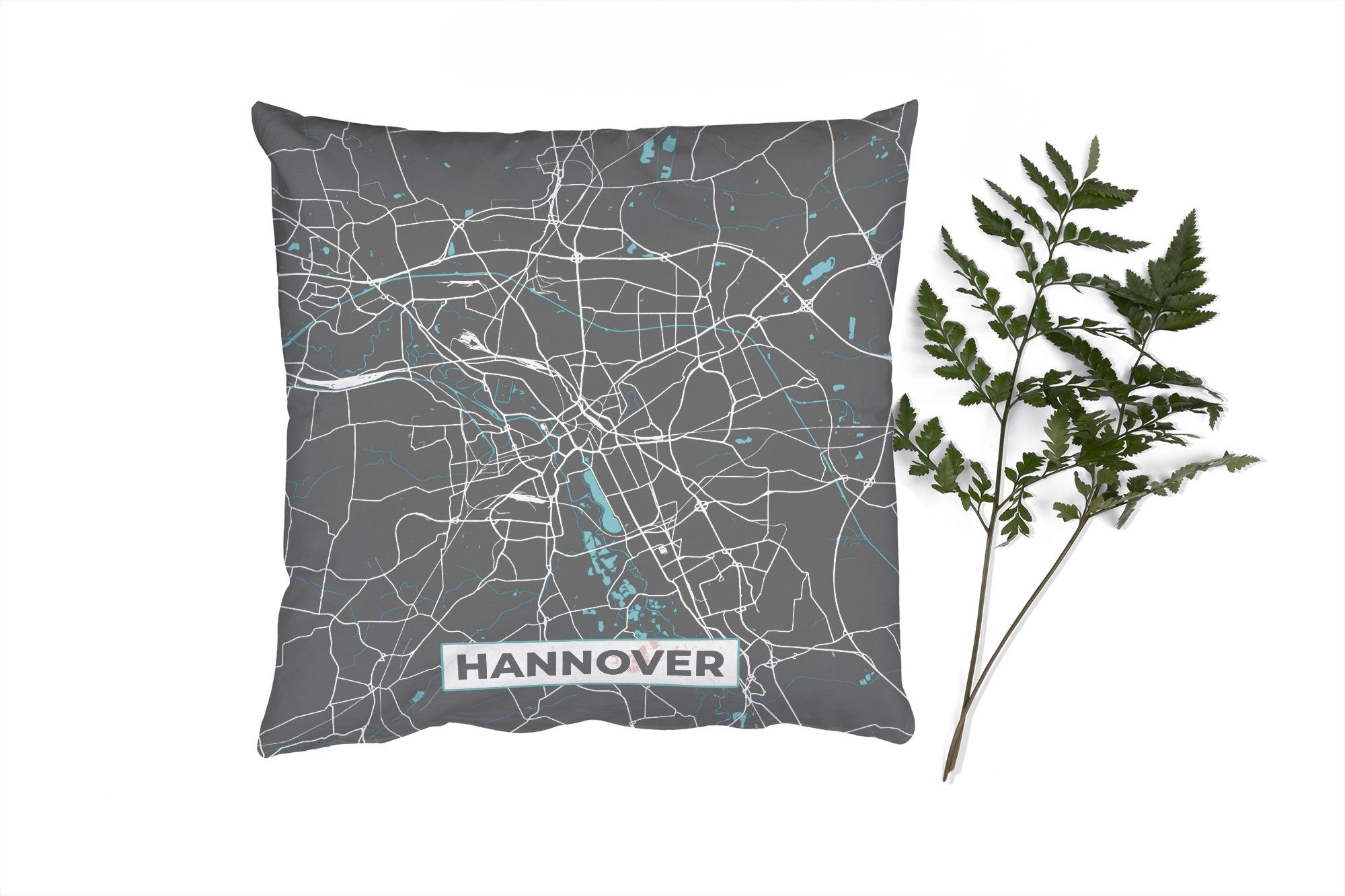 MuchoWow Dekokissen Blau - Deutschland - Karte - Stadtplan - Hannover, Zierkissen mit Füllung für Wohzimmer, Schlafzimmer, Deko, Sofakissen