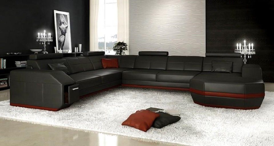 JVmoebel Ecksofa Ecksofa Ledersofa Big xxl U Form Wohnlandschaft Sofa Couch Ecke, Made in Europe Schwarz/Rot