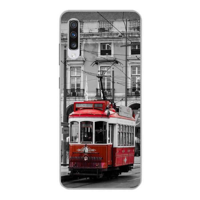 MuchoWow Handyhülle Schwarz-Weiß-Foto mit einer roten Straßenbahn Phone Case Handyhülle Samsung Galaxy A70 Silikon Schutzhülle