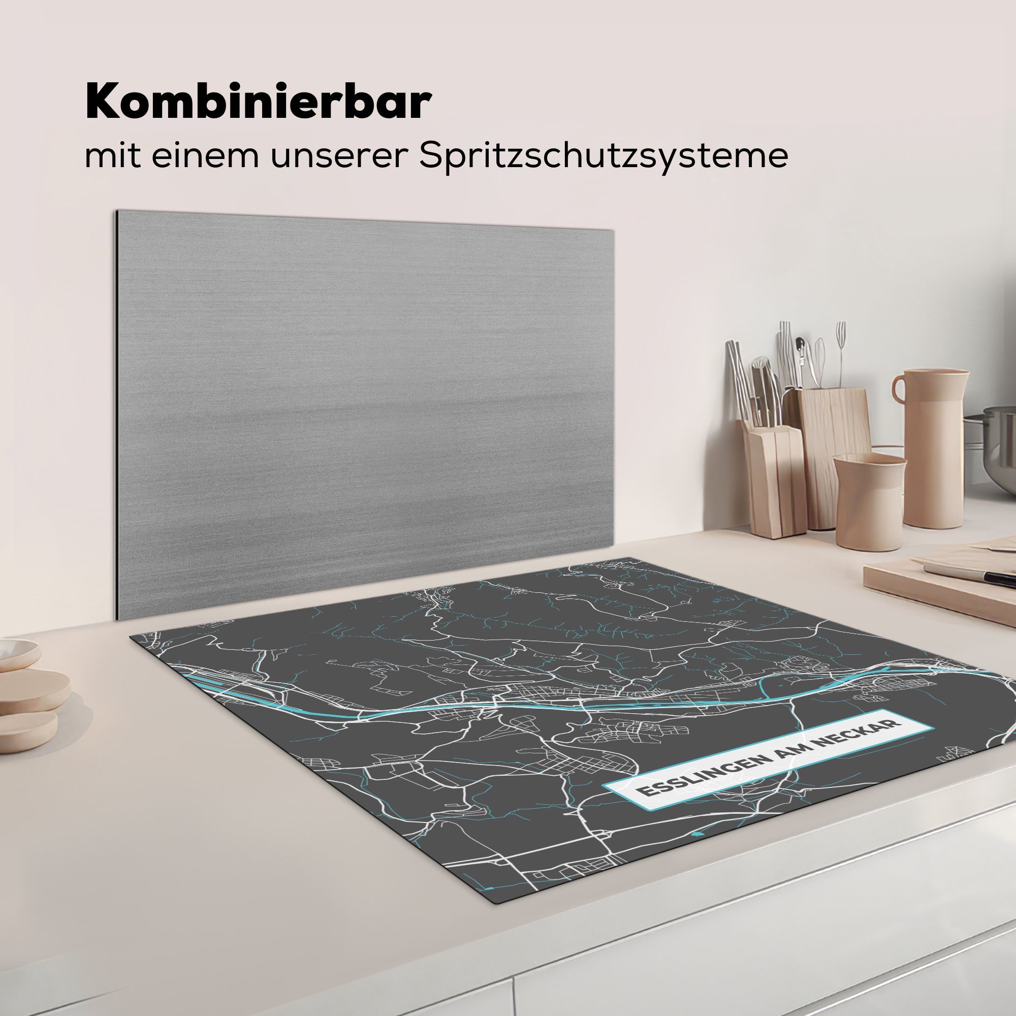 MuchoWow Herdblende-/Abdeckplatte Karte tlg), Stadtplan Ceranfeldabdeckung, am 78x78 Vinyl, - Neckar Esslingen für küche Arbeitsplatte - cm, Blau (1 - Deutschland, 