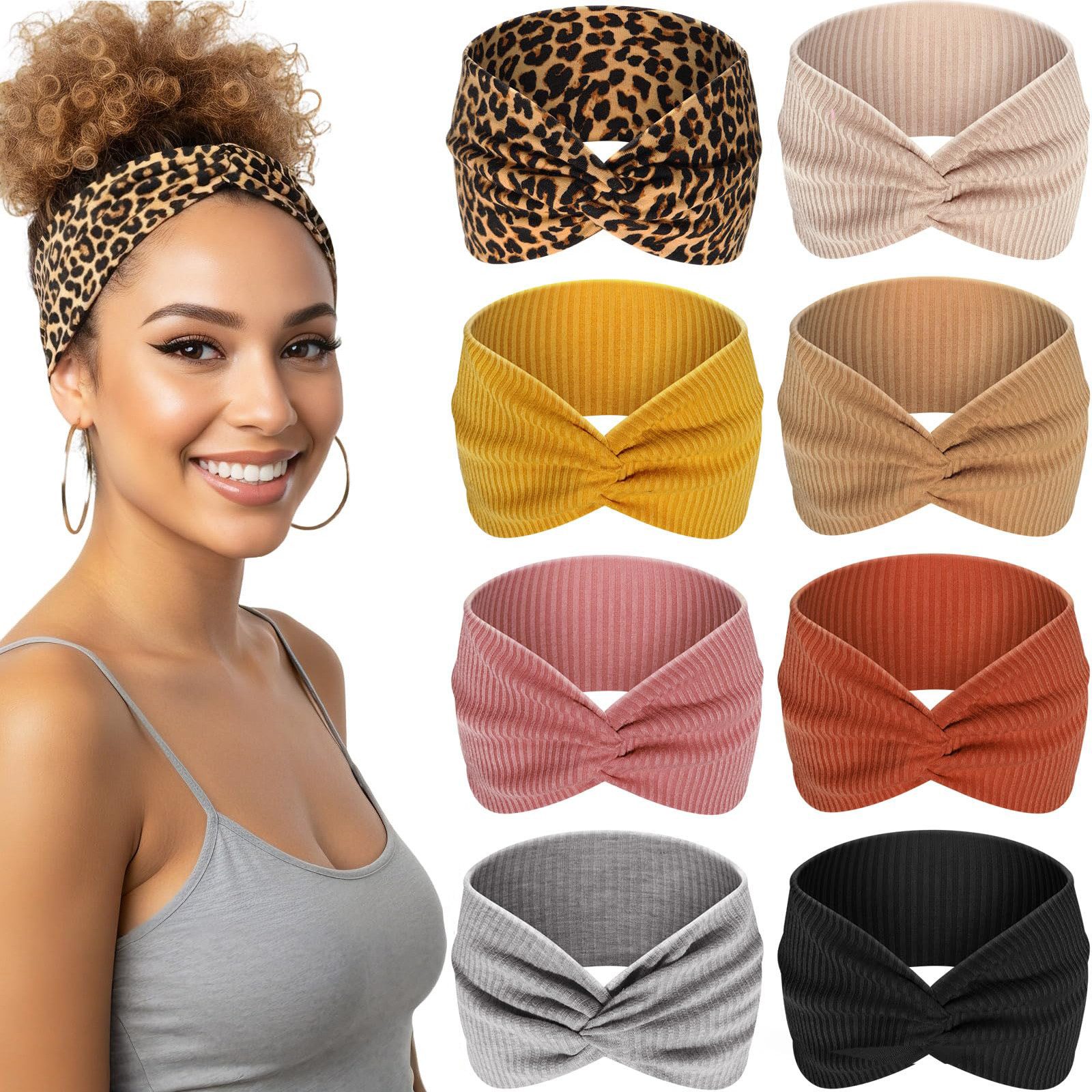 nsihing Haargummi 8er Set Damen Stirnbänder – Breite elastische Haarbänder, 8-tlg., mit Leoparden & Boho Muster für Sport, Yoga & Kosmetik