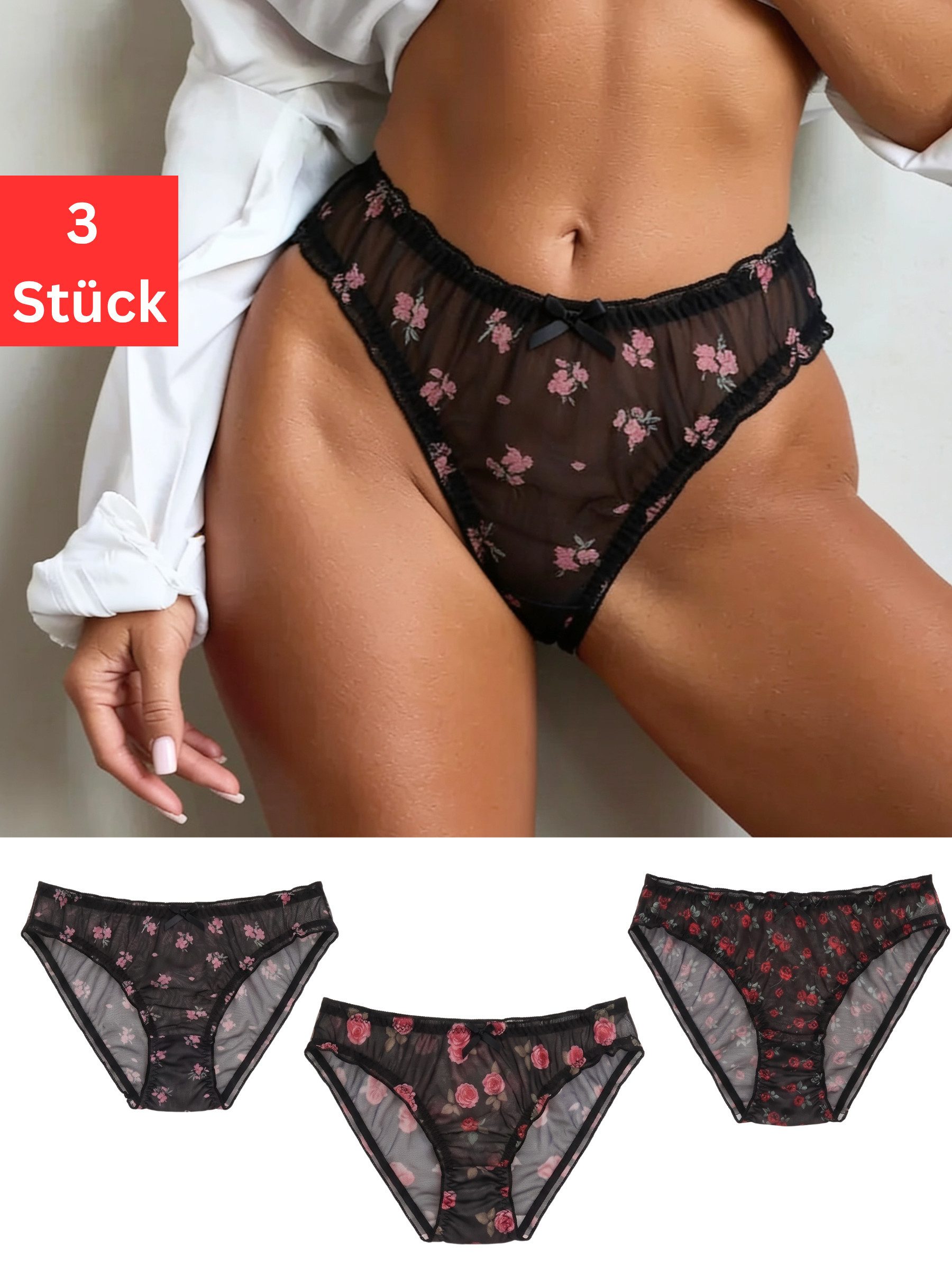 Elegant Love Bikinislip Damen Unterwäsche, transparente Mesh-Slips mit Rosenprint - Rioslip (Packung, 3-St., 3er-Pack) Florale Unterhosen aus feinem Netzstoff mit elastischem Komfortbund