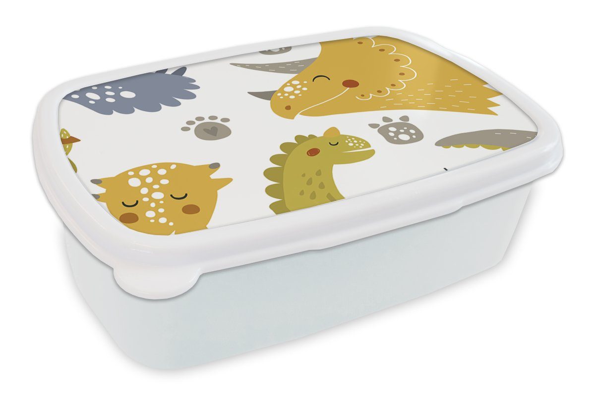 MuchoWow Lunchbox Dinosaurier - Schnittmuster - Jungen - Dino - Kinder, Kunststoff, (2-tlg), Brotbox für Kinder und Erwachsene, Brotdose, für Jungs und Mädchen weiß