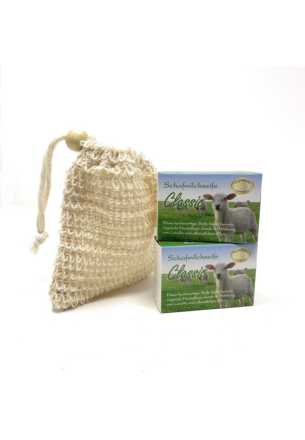 Gerlinde Hofer _ Florex GmbH Handseife Schafmilch Classic, 3-tlg., Bio Schafmilch 2 Stück + Seifenbeutel Sisal 200 g
