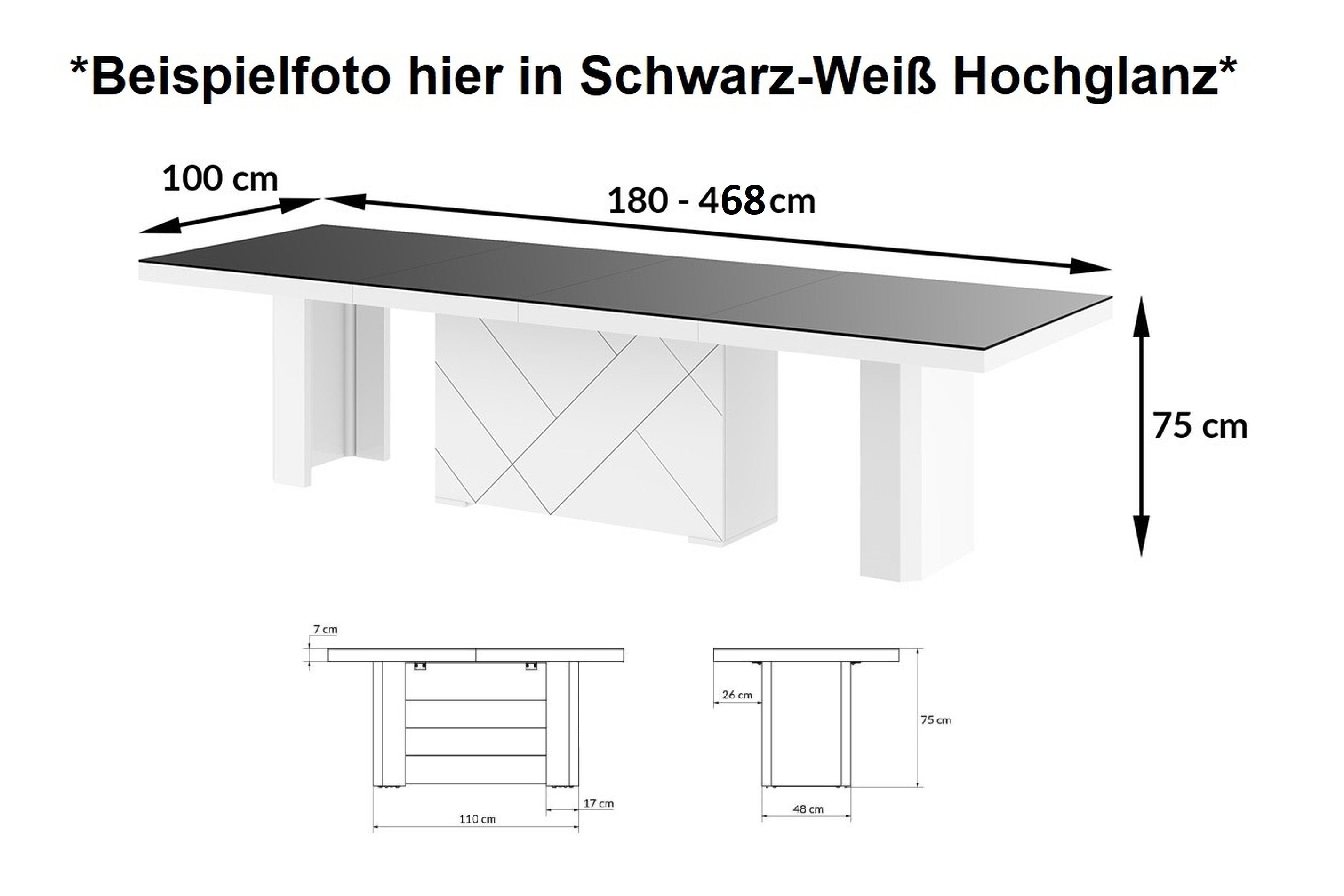 designimpex Esstisch Design Hochglanz Hochglanz Weiß XXL 468 cm Weiß / HEK-111 bis Schwarz ausziehbar 180 Schwarz / Hochglanz