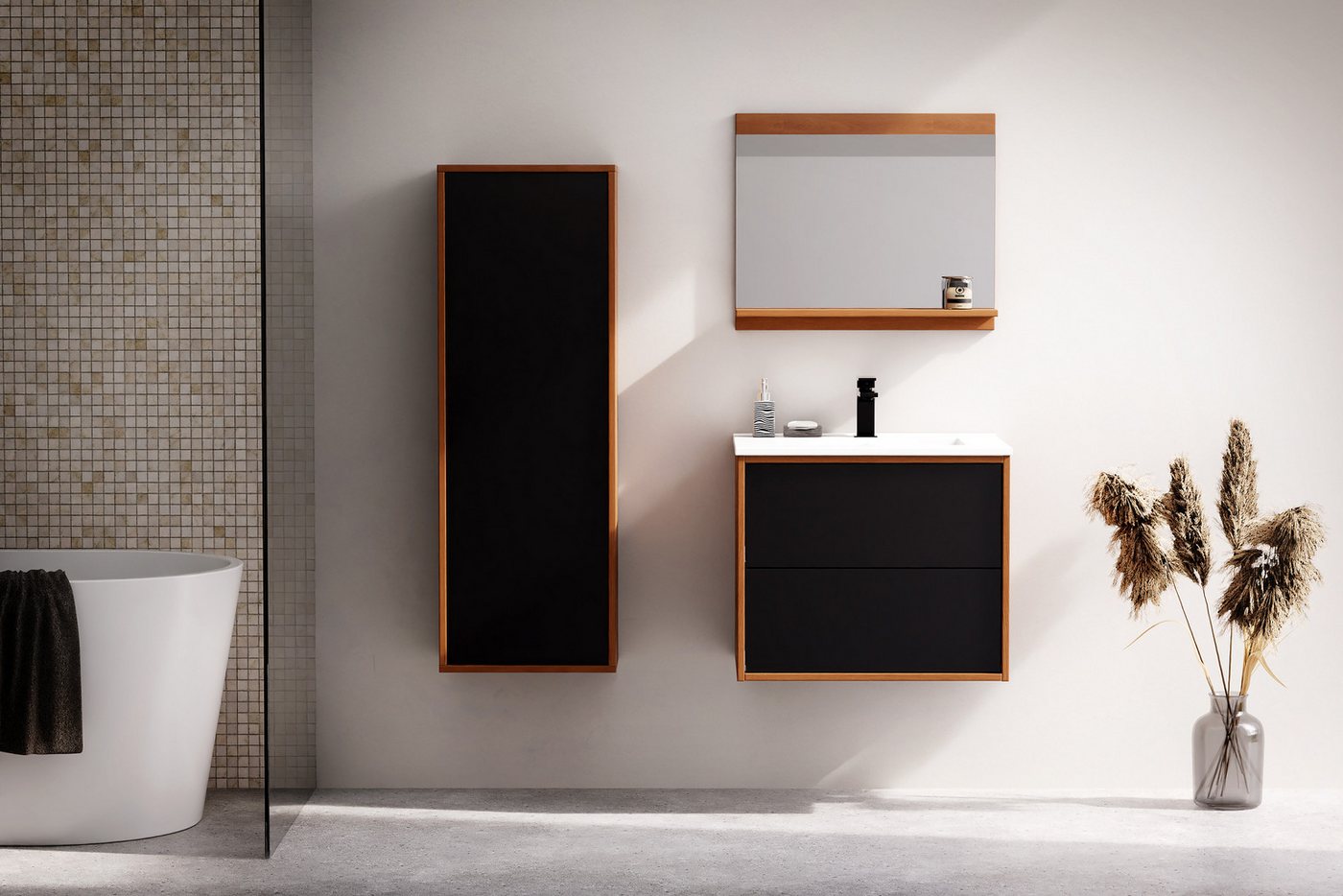 welltime Waschtisch Waschbeckenunterschrank Line mit Waschbecken,Badmöbel,zwei Schubladen, Badschrank mit Waschbecken, Push to open, Maße B/H/T: 61/53/47 cm