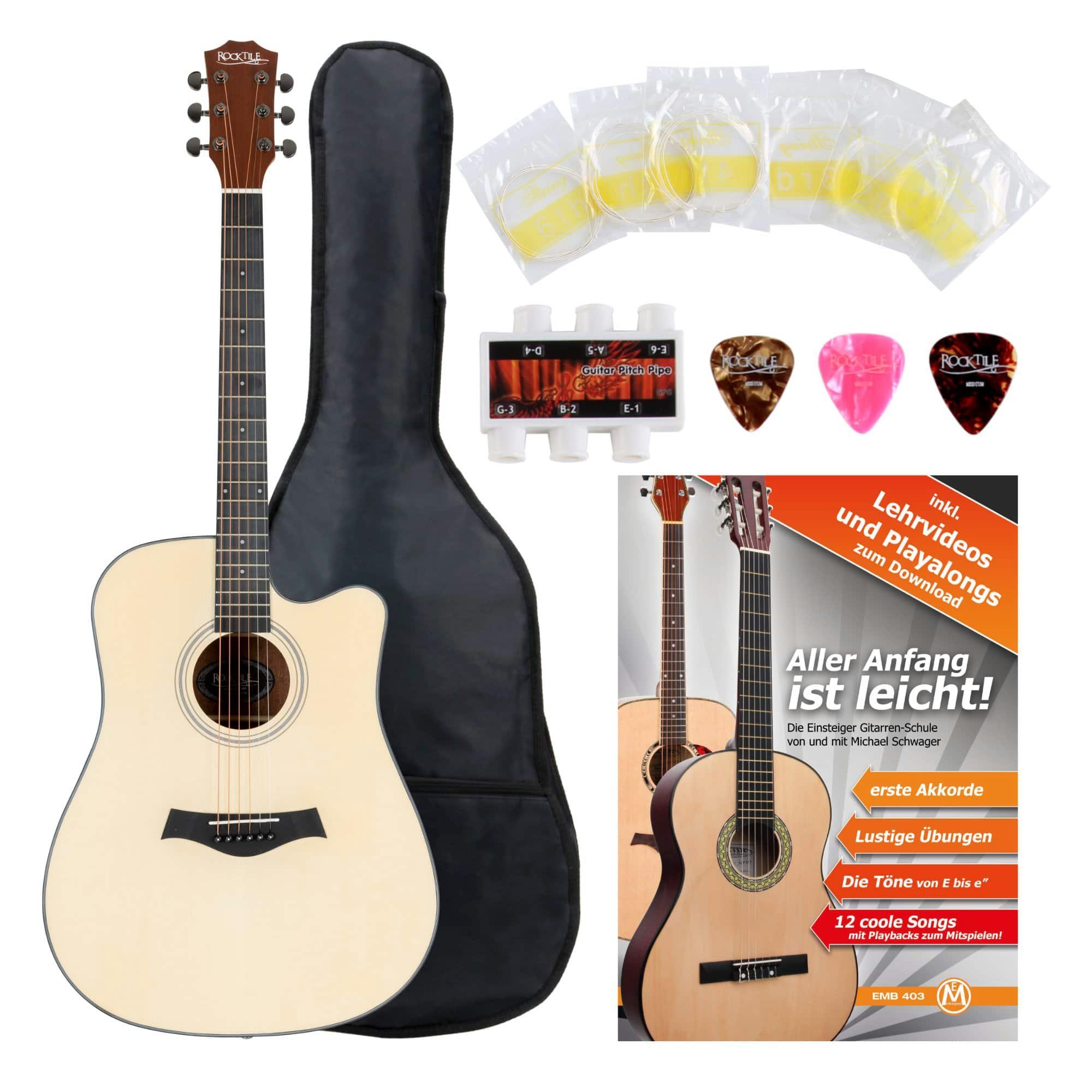 Rocktile Westerngitarre WSD-101C NT Akustikgitarre Starter Set, Starter Set, inkl. Tasche, Plektren, Ersatz-Saiten, Stimmpfeife & Gitarrenschule, Dreadnought mit Cutaway - Boden & Zarge: Sapele