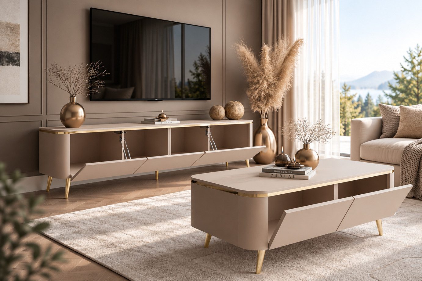 ALLHOUSE24 Wohnzimmer-Set LINE - TV-Schrank, Couchtisch, Kaschmir matt / Gold Metallfüßen, (2-St., Das Set besteht aus: TV Schrank, Couchtisch), Breite: TV Schr – Bild 2 von 5