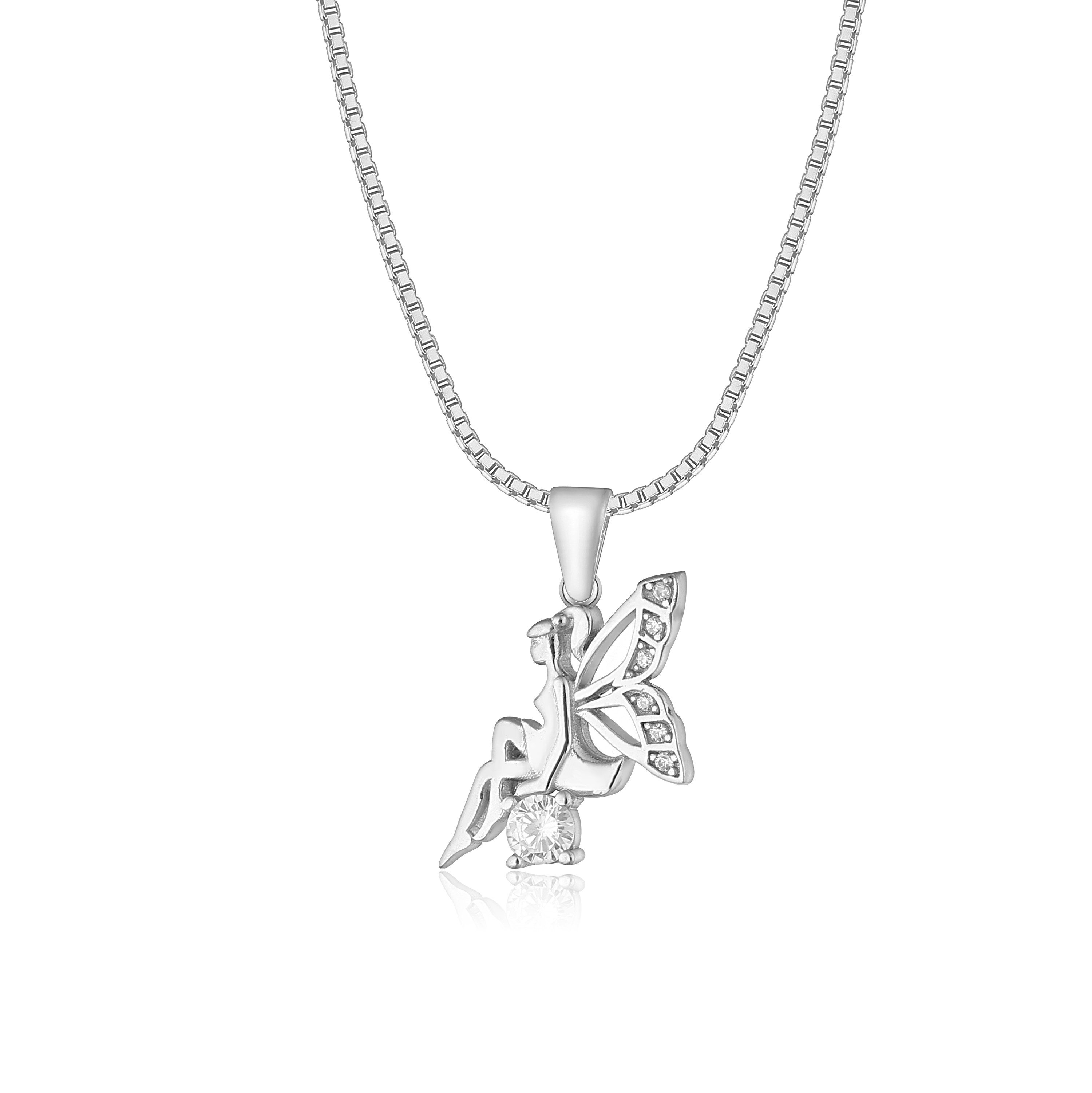 NAHLE Kette mit Anhänger Silberkette 925 Elfe Silber Schutzfee (inklusive Schmuckbox), 925 Silber Anhänger mit Zirkonia - rhodiniert
