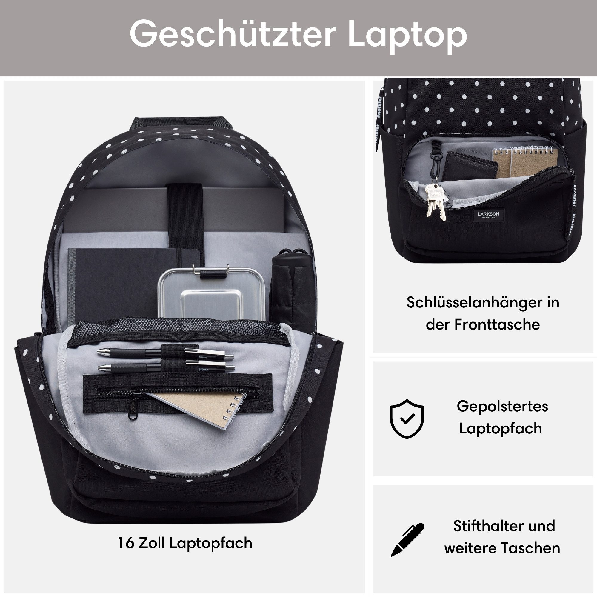 LARKSON Schulrucksack No 3 Rucksack Schule Mädchen Jungen Teenager (1-tlg), Seitentasche, Laptopfach, Wasserabweisend – Bild 3 von 5