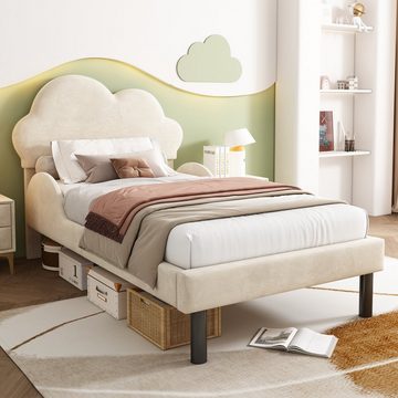 Fangqi Einzelbett 90*200cm Luxuriöses Samt Soft-Polsterbett mit Wolkenkopfteil, geschwungenen Seitenschienen und großem Stauraum,Beige