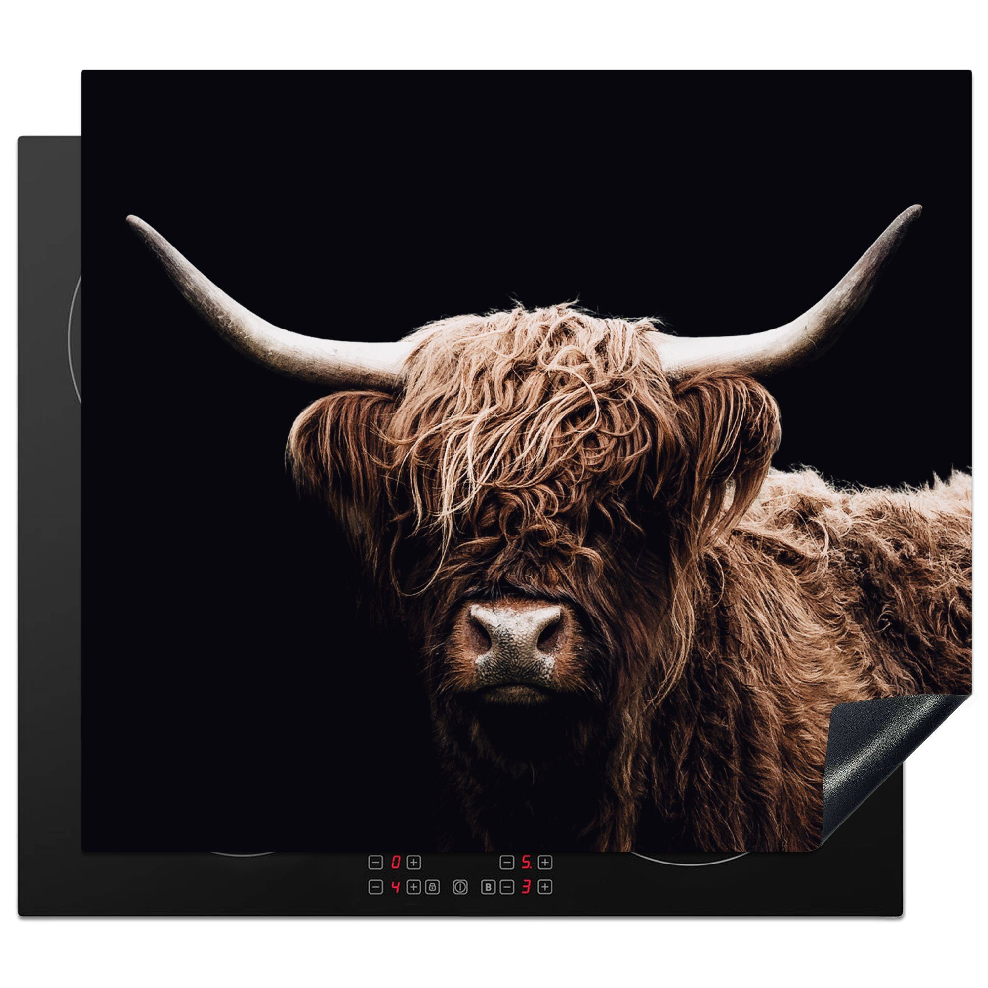 MuchoWow Herd-Abdeckplatte Schottischer Highlander - Schwarz - Horn, Vinyl, (1 tlg), Küche Herdabdeckplatte Ceranfeld Vinyl Einteilig, 59x52 cm