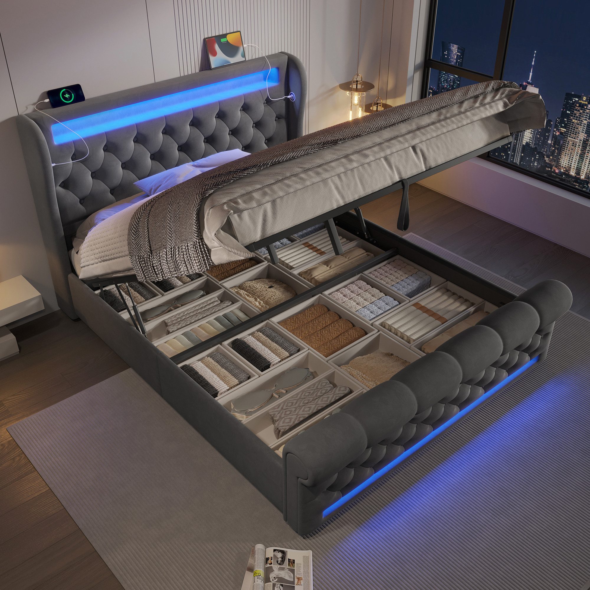 Flieks Polsterbett, Hydraulisches Stauraumbett 160x200cm mit LED Beleuchtun günstig online kaufen